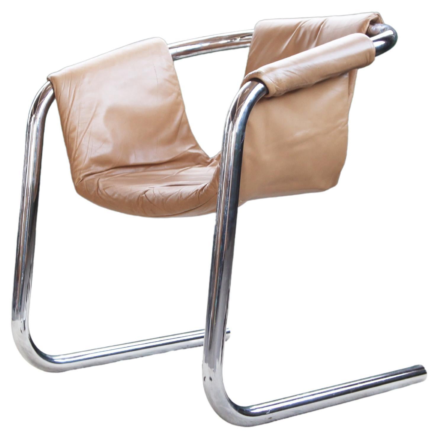 Post Modern Chrome Vecta Zermatt Sling Beige Leather Lounge Chair, 1970s