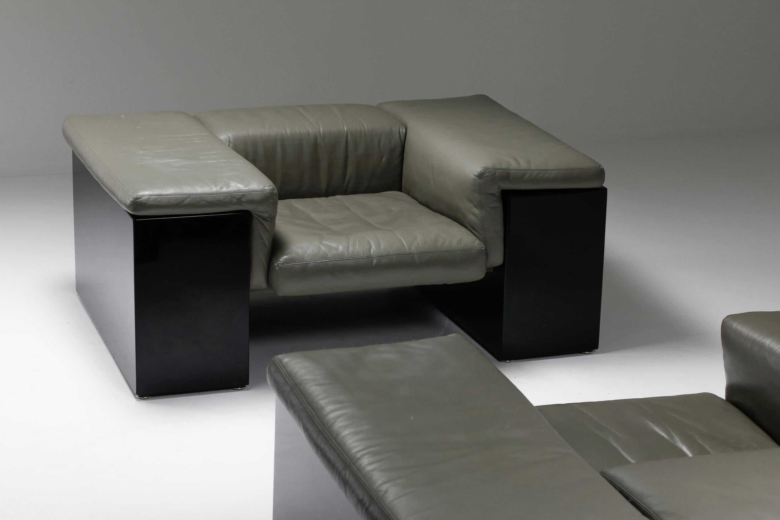 Italian Post-Modern Cini Boeri 'Brigadier' Lounge Chairs in Elephant Grey Leather