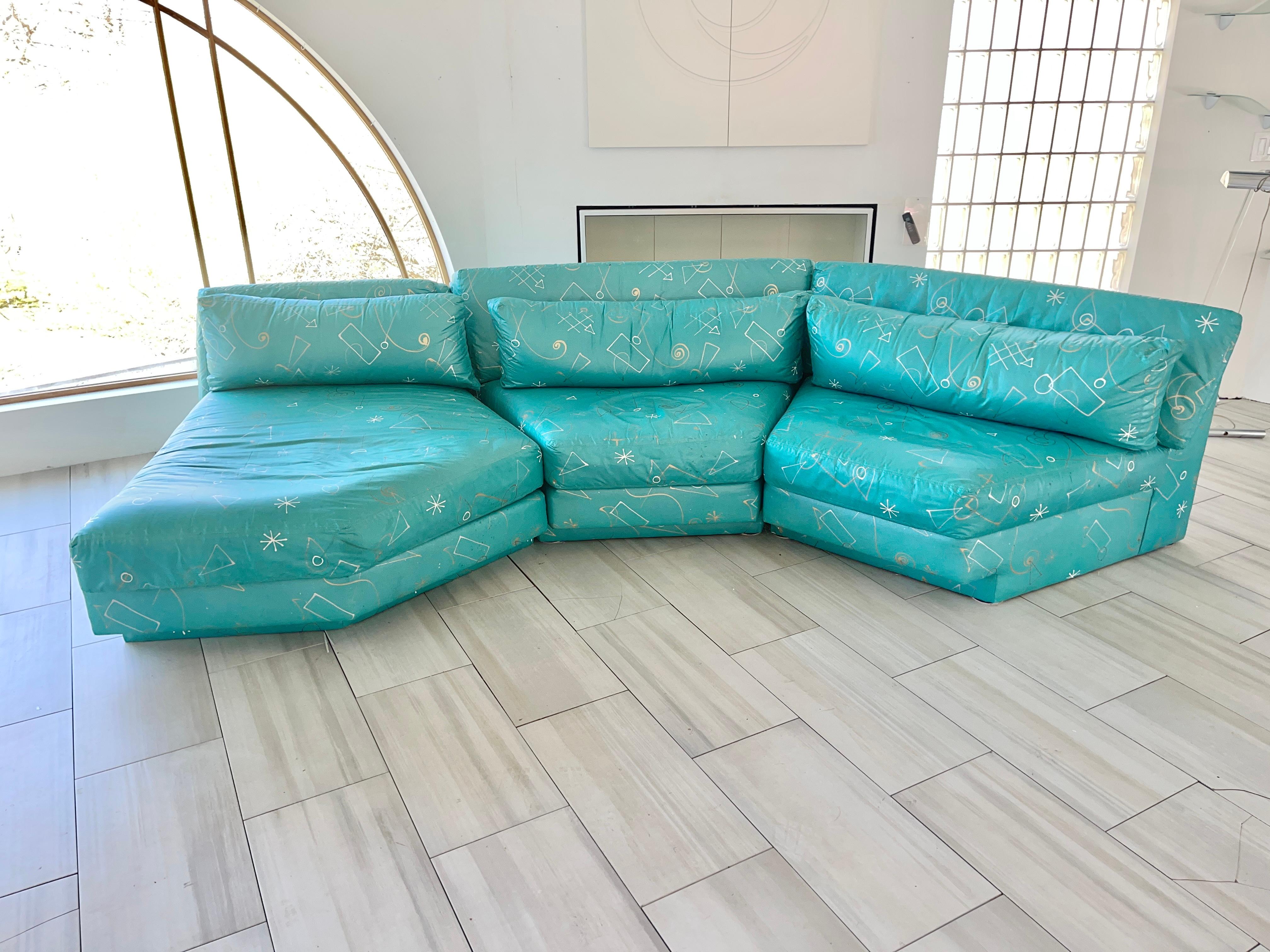 ***Spring Sale***

Teal custom post-modern three piece sectional sofa comprised of an asymmetric chaise and a pair of wedge shaped slipper seating sections. 
Made by Classic Gallery, Highpoint, circa 1995, in the style of Milo Baughman and Vladimir