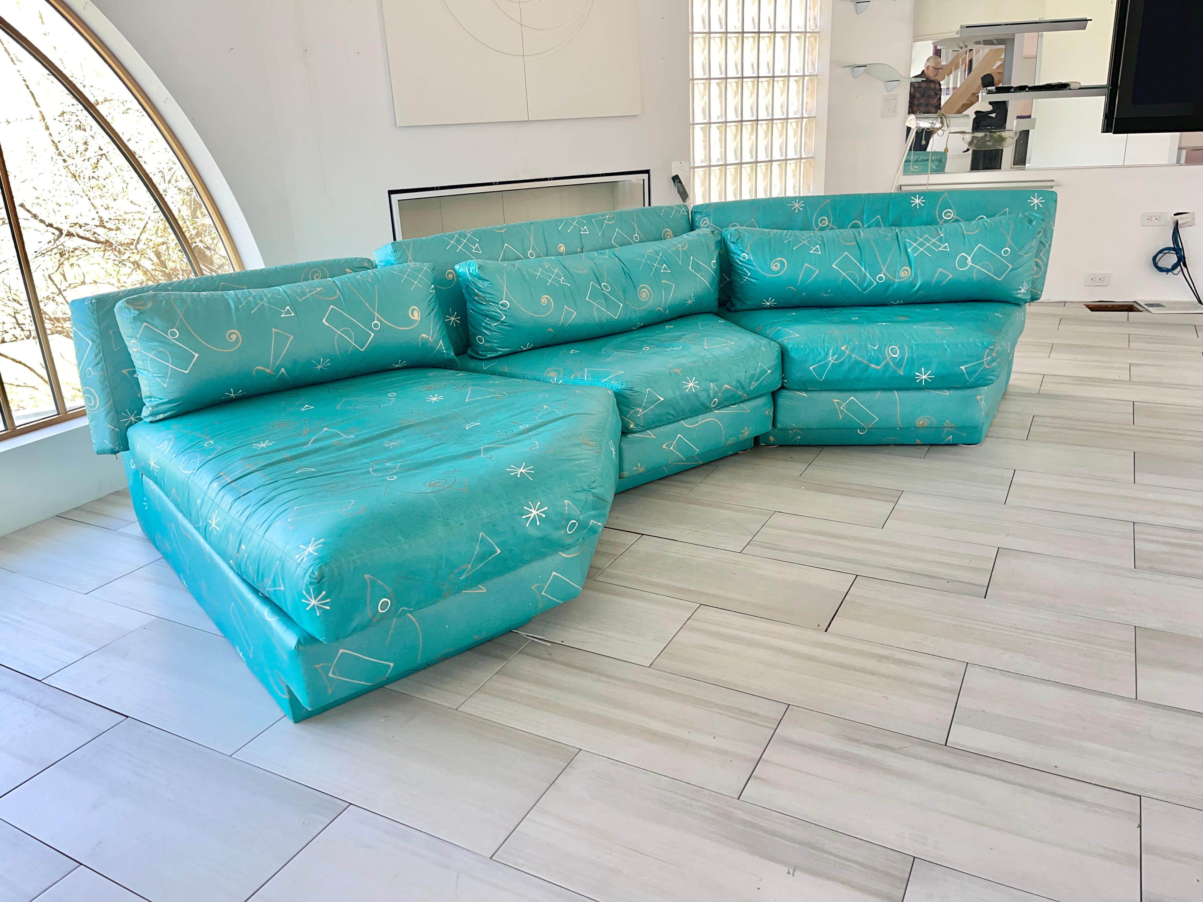 Post-Modern Teal Sectional Sofa 3 Pieces Post Modern Wedge