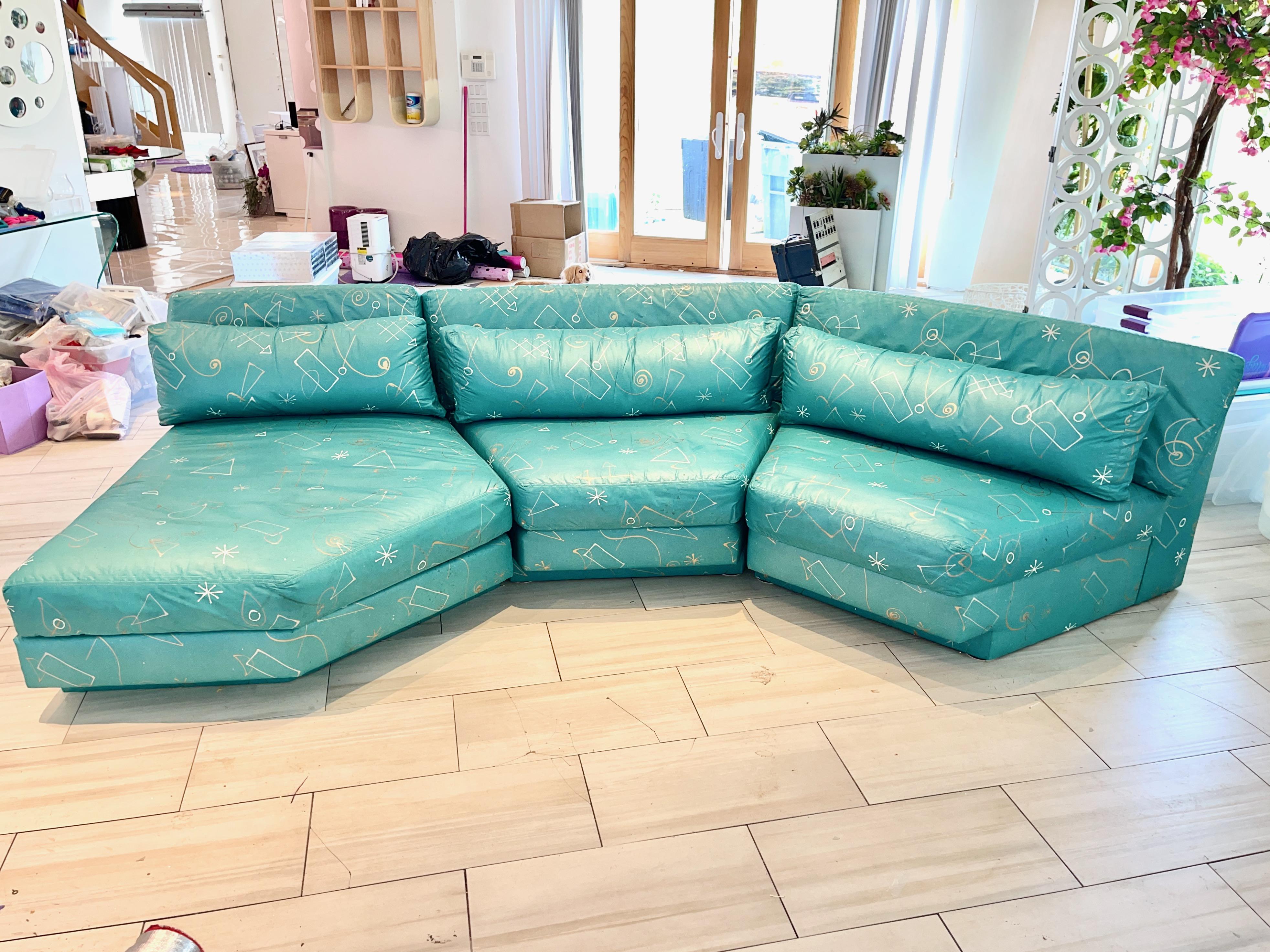 Teal Sectional Sofa 3 Pieces Post Modern Wedge In Good Condition In Hanover, MA