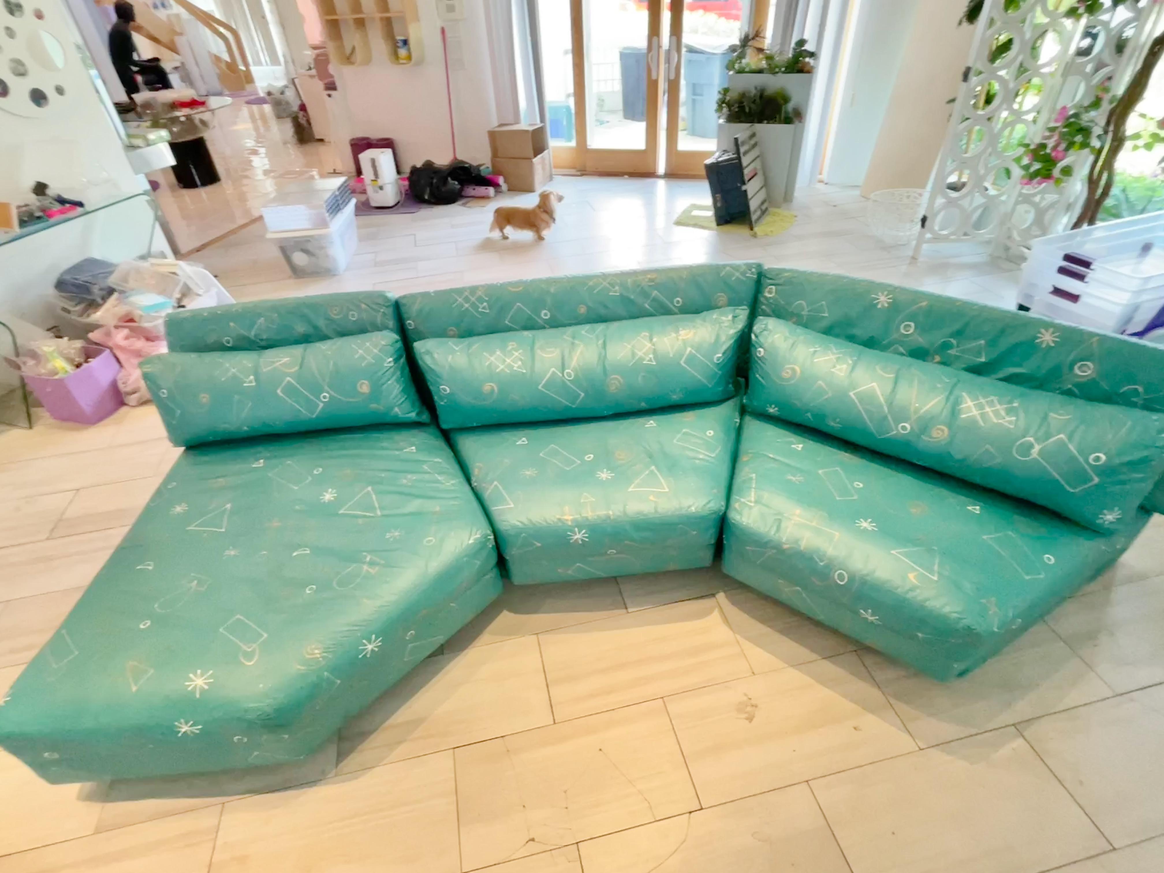 Late 20th Century Teal Sectional Sofa 3 Pieces Post Modern Wedge