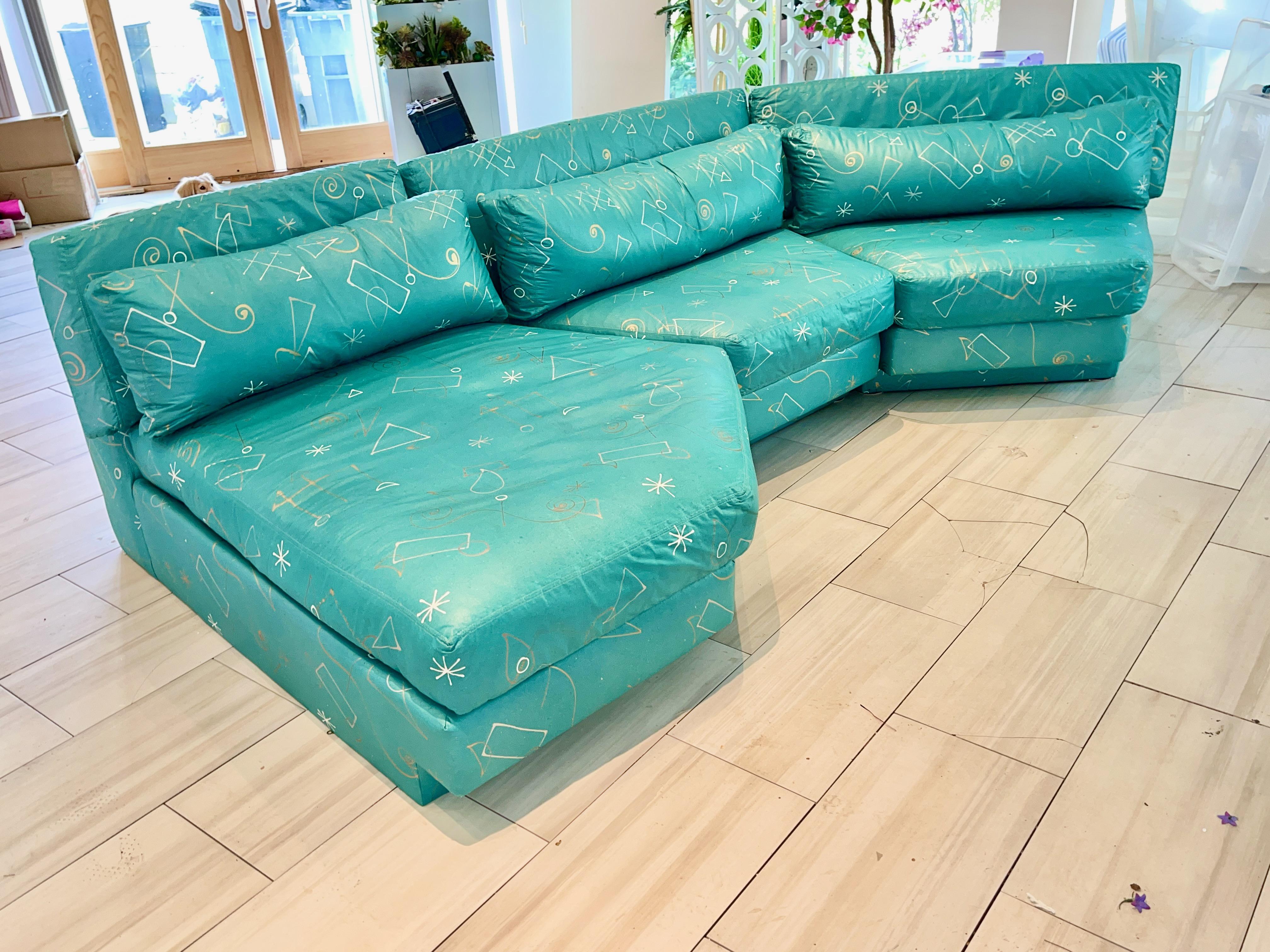 Upholstery Teal Sectional Sofa 3 Pieces Post Modern Wedge
