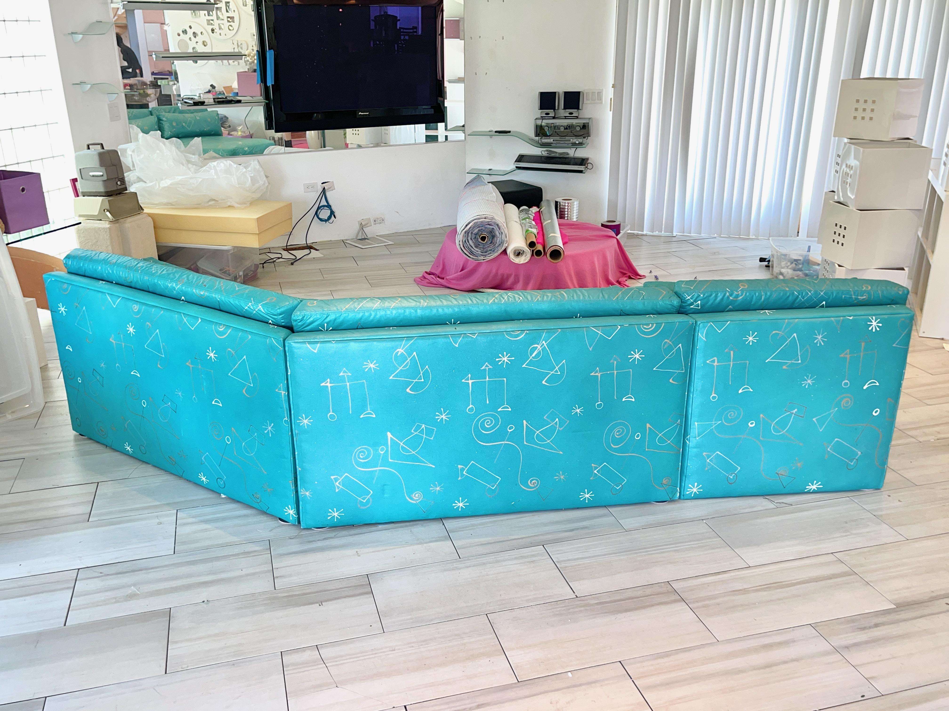 Teal Sectional Sofa 3 Pieces Post Modern Wedge 3