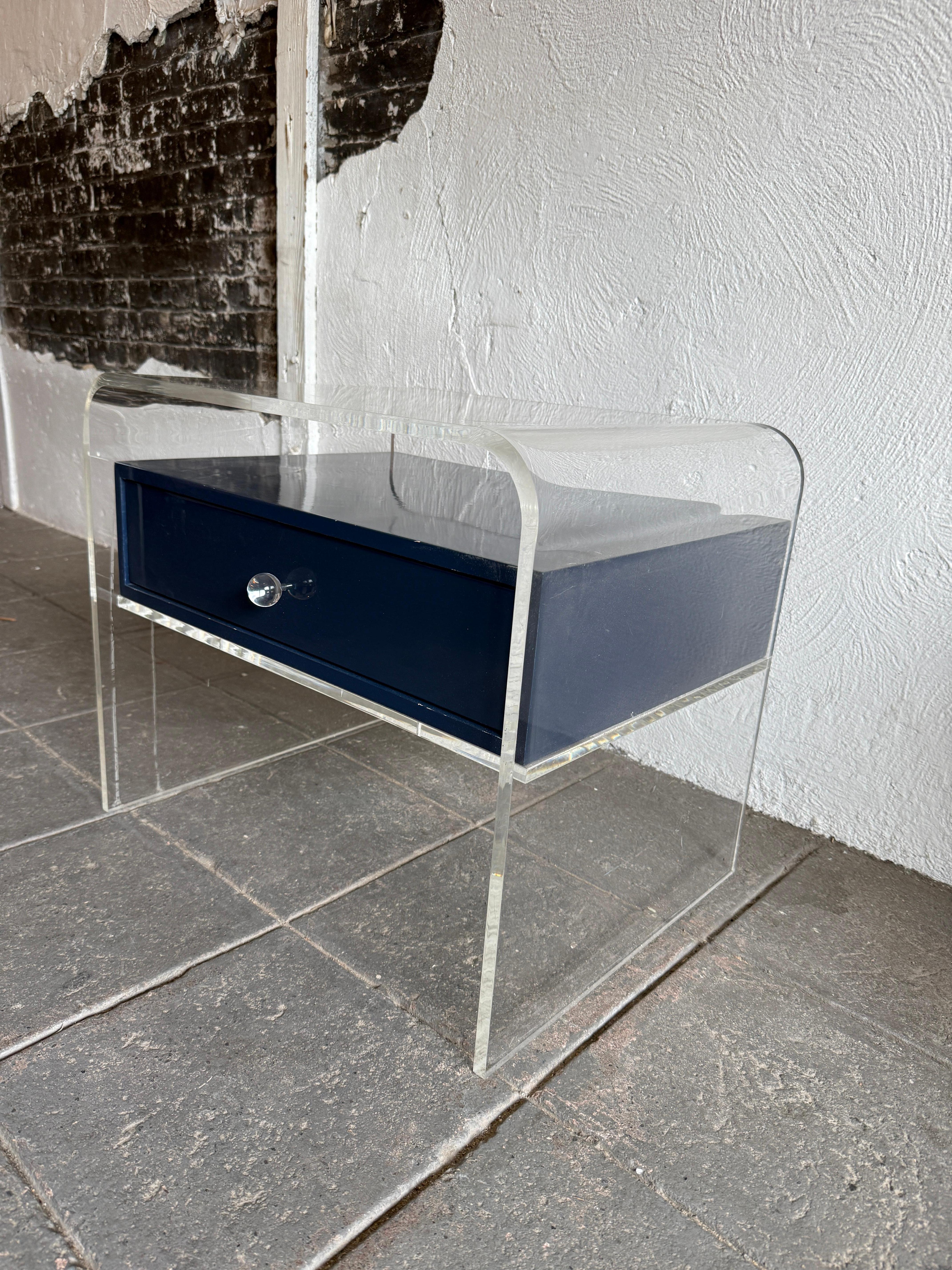 American Post Modern clear curved Lucite Lacquer Blue wood Single Drawer nightstand For Sale