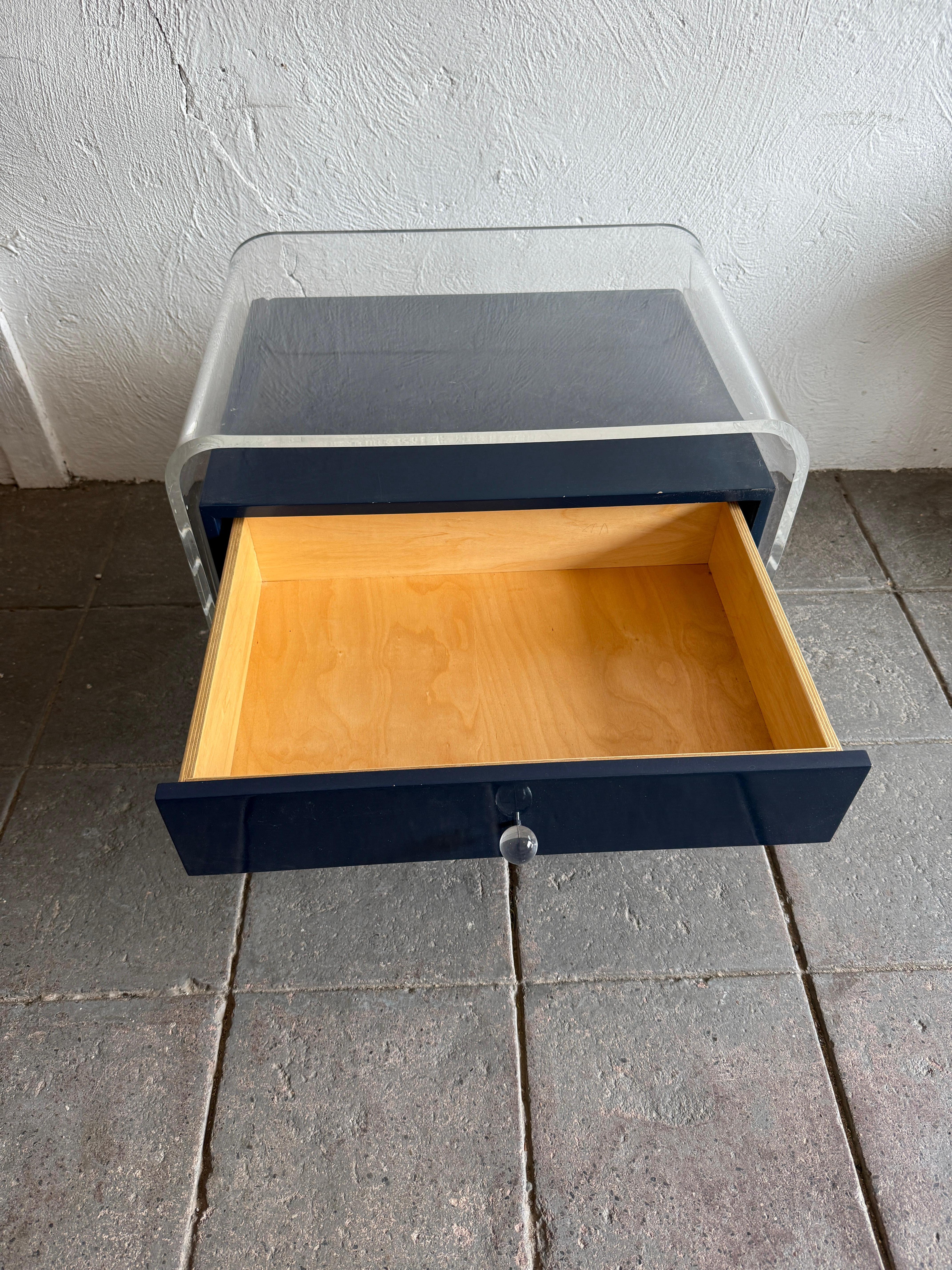 Woodwork Post Modern clear curved Lucite Lacquer Blue wood Single Drawer nightstand For Sale