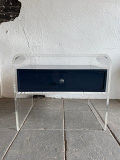 Post Modern clear curved Lucite Lacquer Blue wood Single Drawer nightstand