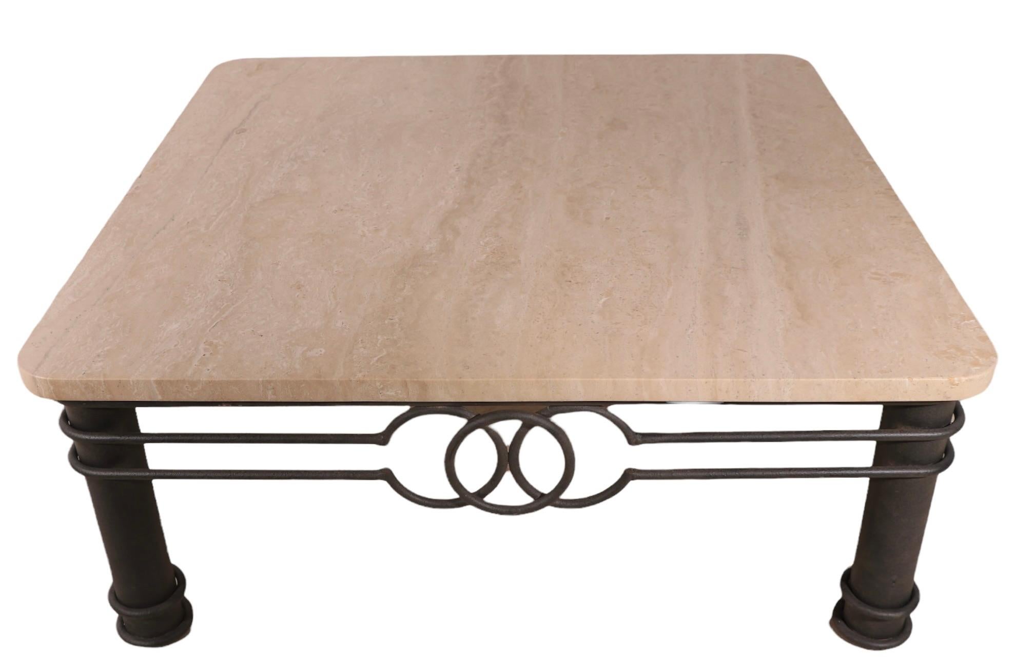 Steel Post Modern Coffee Table with Thick Marble Top on Wrought Iron Base Ca. 1980's For Sale