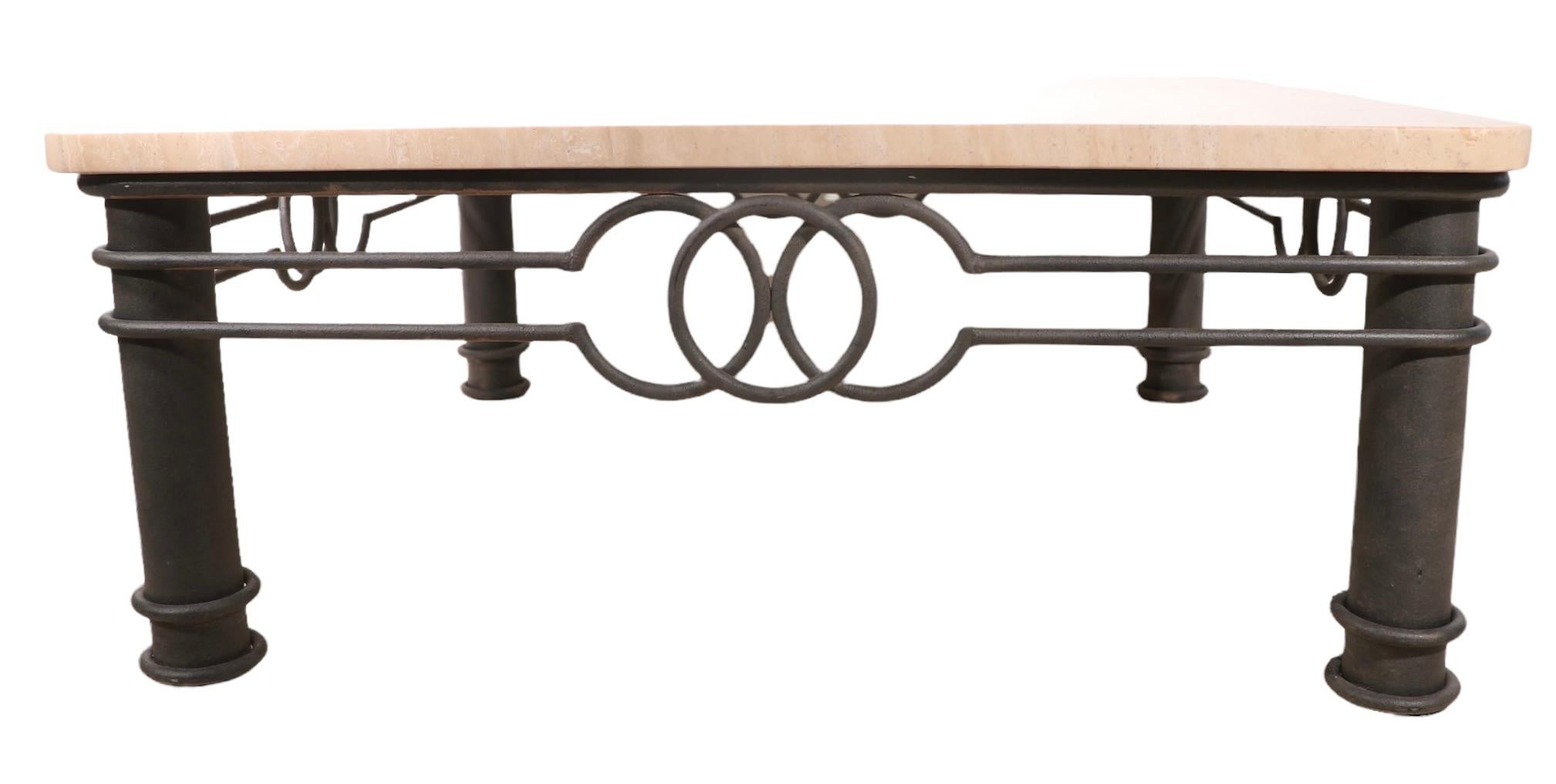 Post Modern Coffee Table with Thick Marble Top on Wrought Iron Base Ca. 1980's For Sale 1