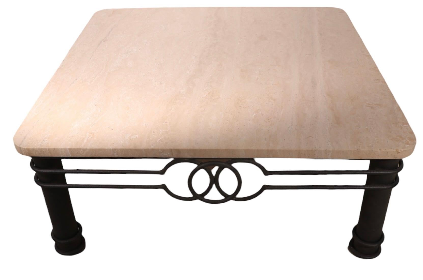 Post Modern Coffee Table with Thick Marble Top on Wrought Iron Base Ca. 1980's For Sale 2