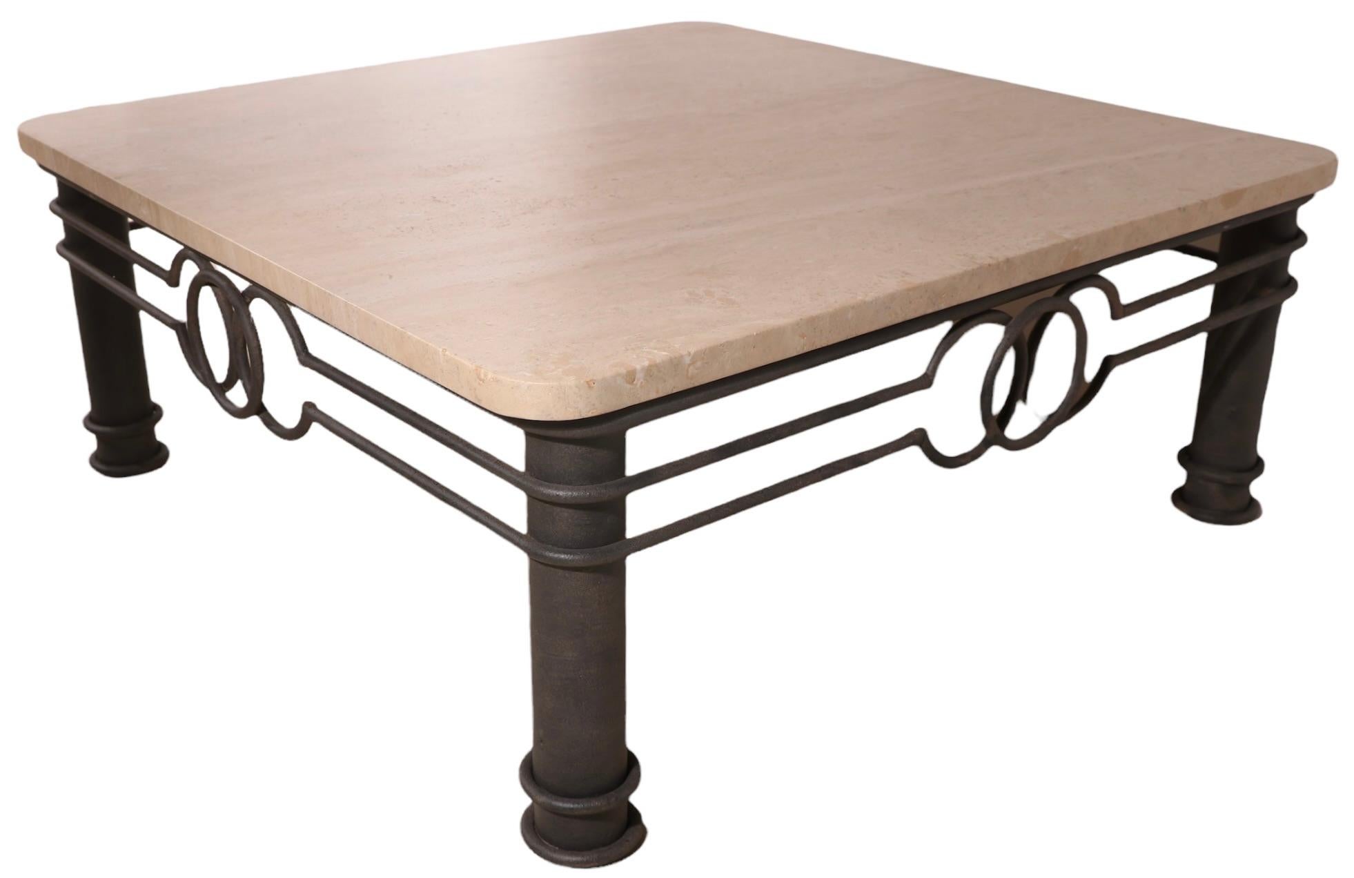 Late 20th Century Post Modern Coffee Table with Thick Marble Top on Wrought Iron Base Ca. 1980's For Sale