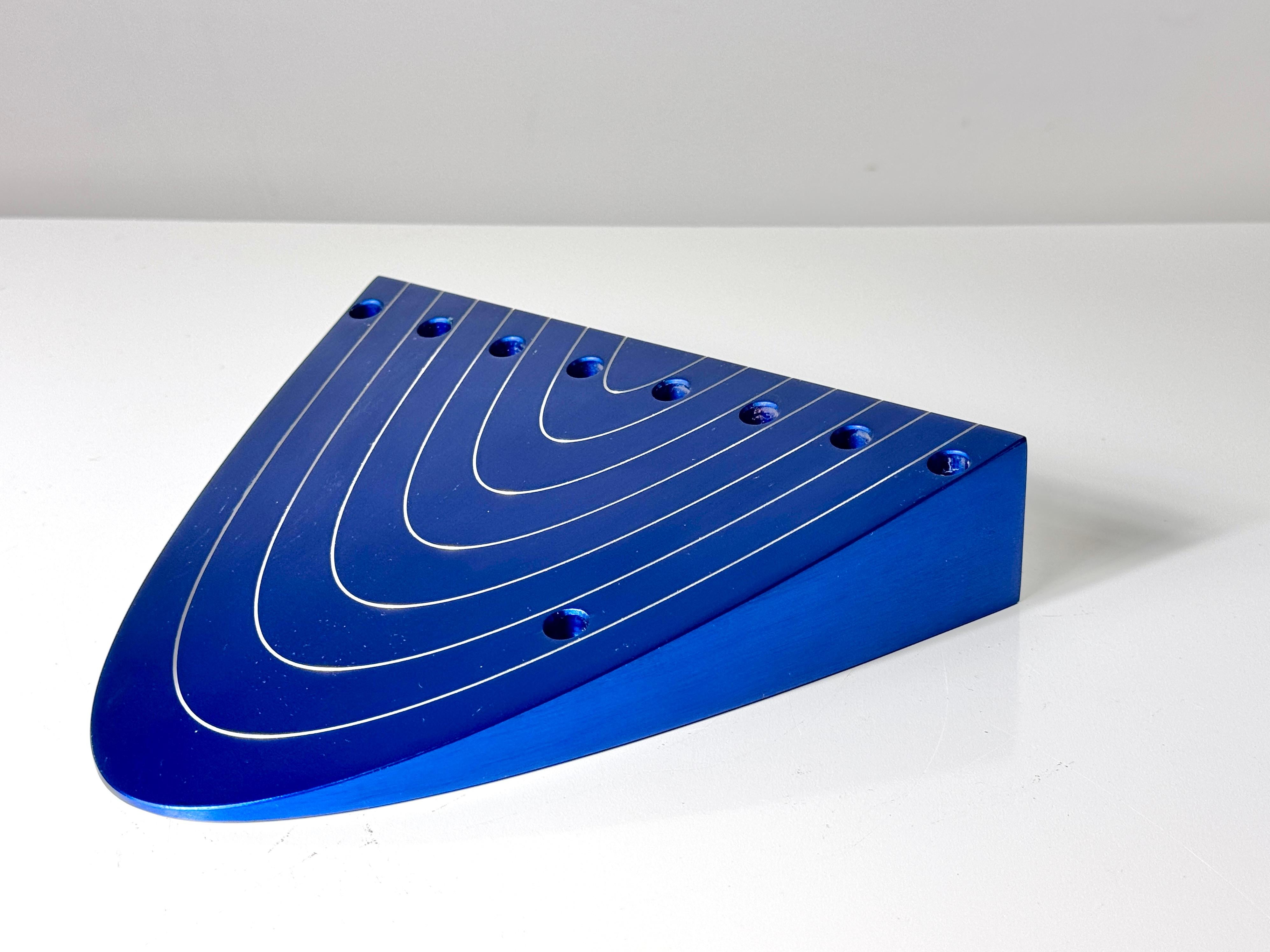 Modern Postmodern Contemporary Menorah in Blue Anodized Aluminum by Luigi Del Monte For Sale