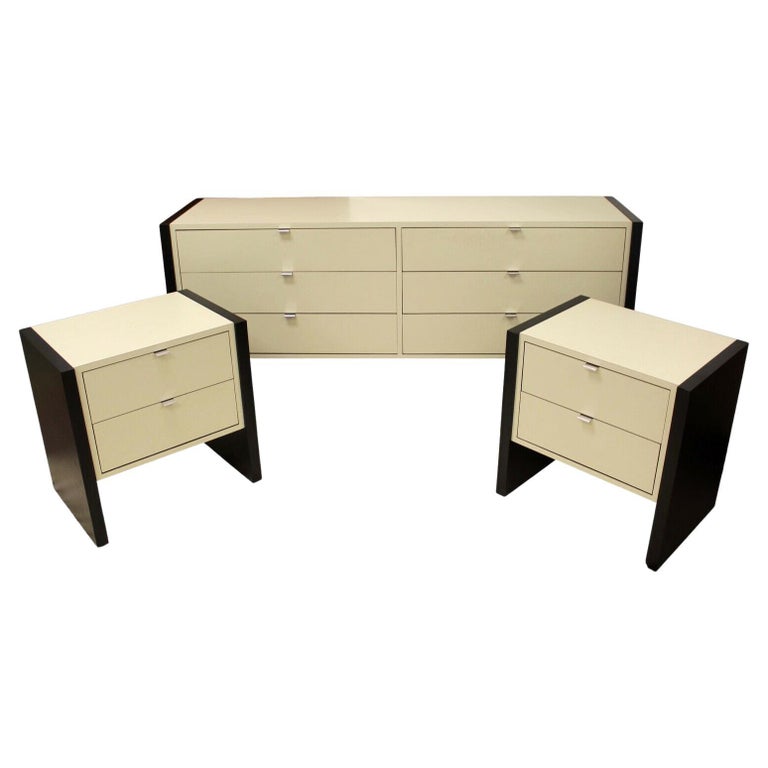 Post Modern Contemporary Metal and Wood Memphis Dresser and 2 Nightstands Bedroom at 1stDibs