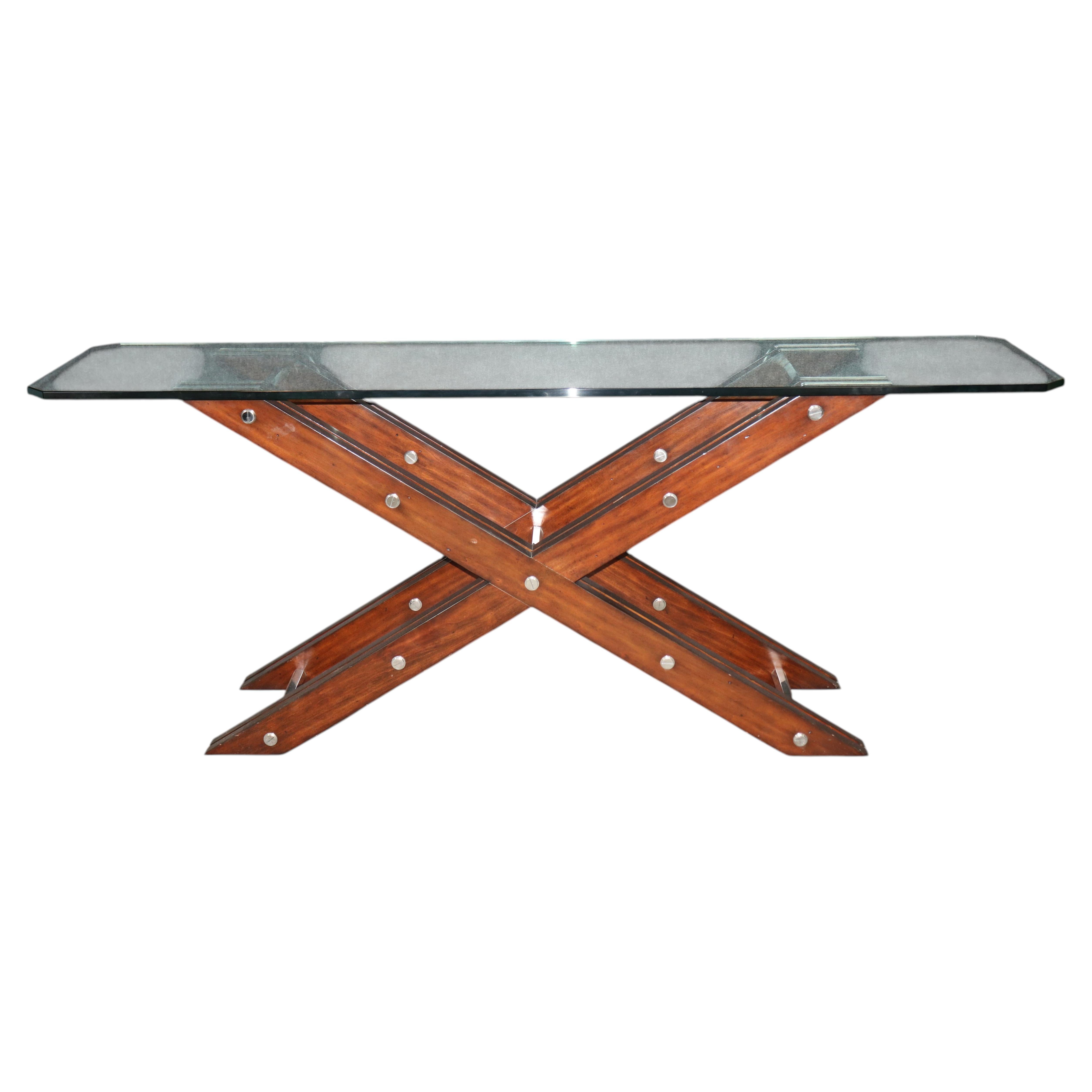 Table console post-moderne contemporaine en Wood Steele et verre
