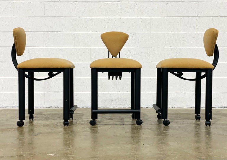 Post Modern Counter Height Bar Stools on Casters, Black Metal + Velvet