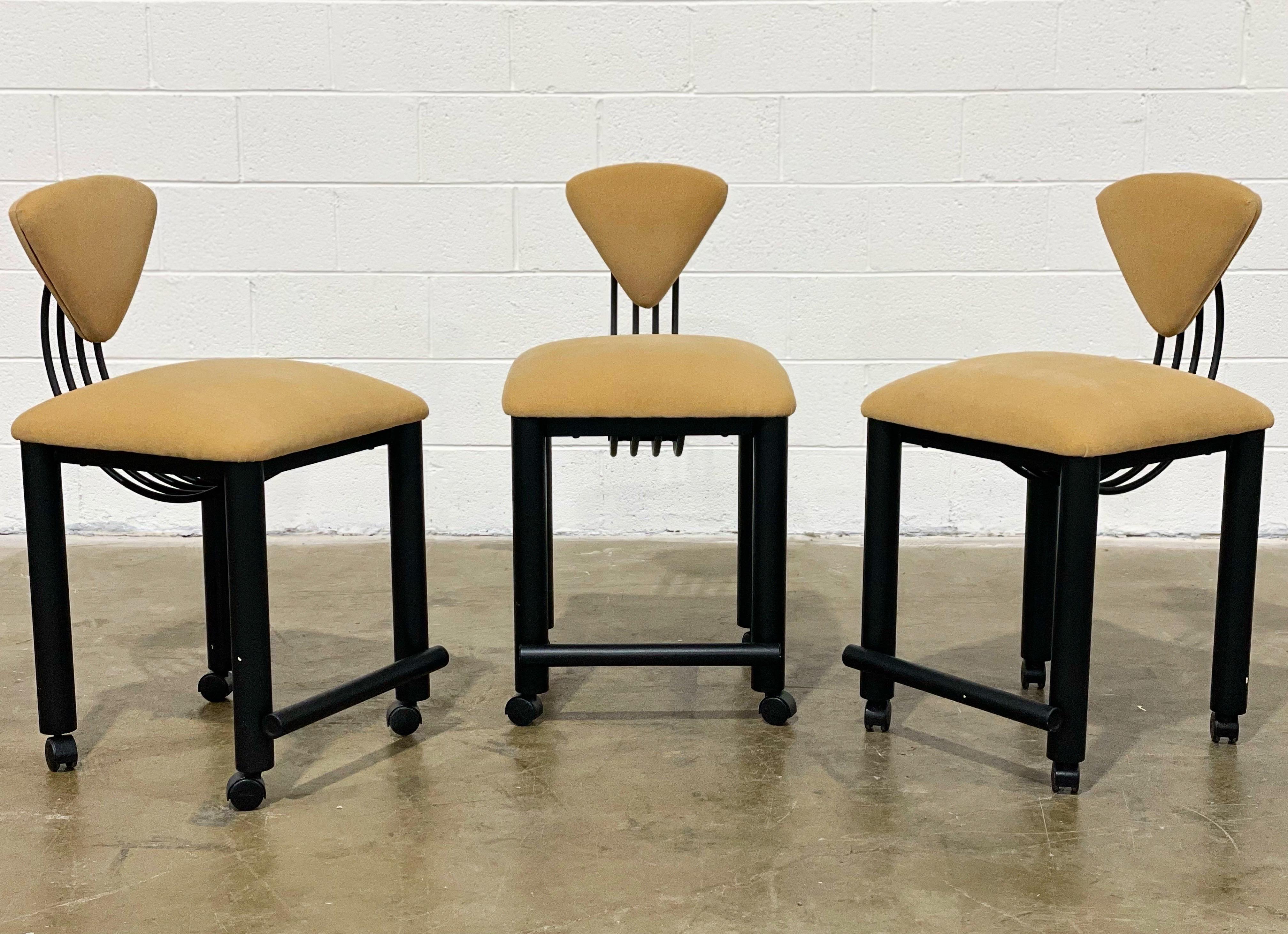 Post Modern Counter Height Bar Stools on Casters, Black Metal + Velvet In Good Condition For Sale In Decatur, GA