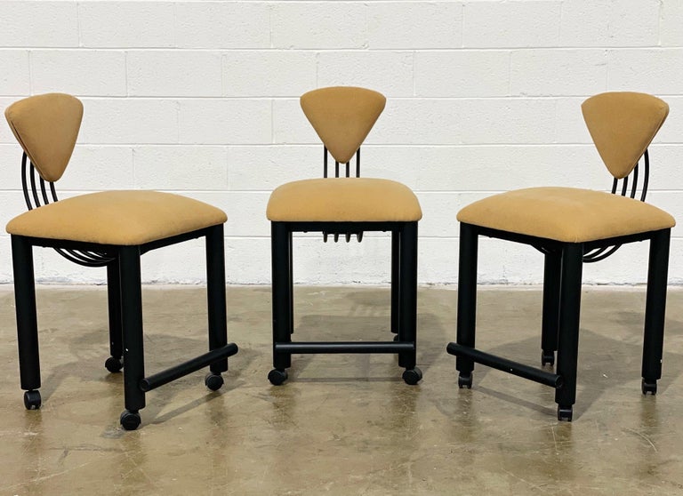 Post Modern Counter Height Bar Stools on Casters, Black Metal + Velvet
