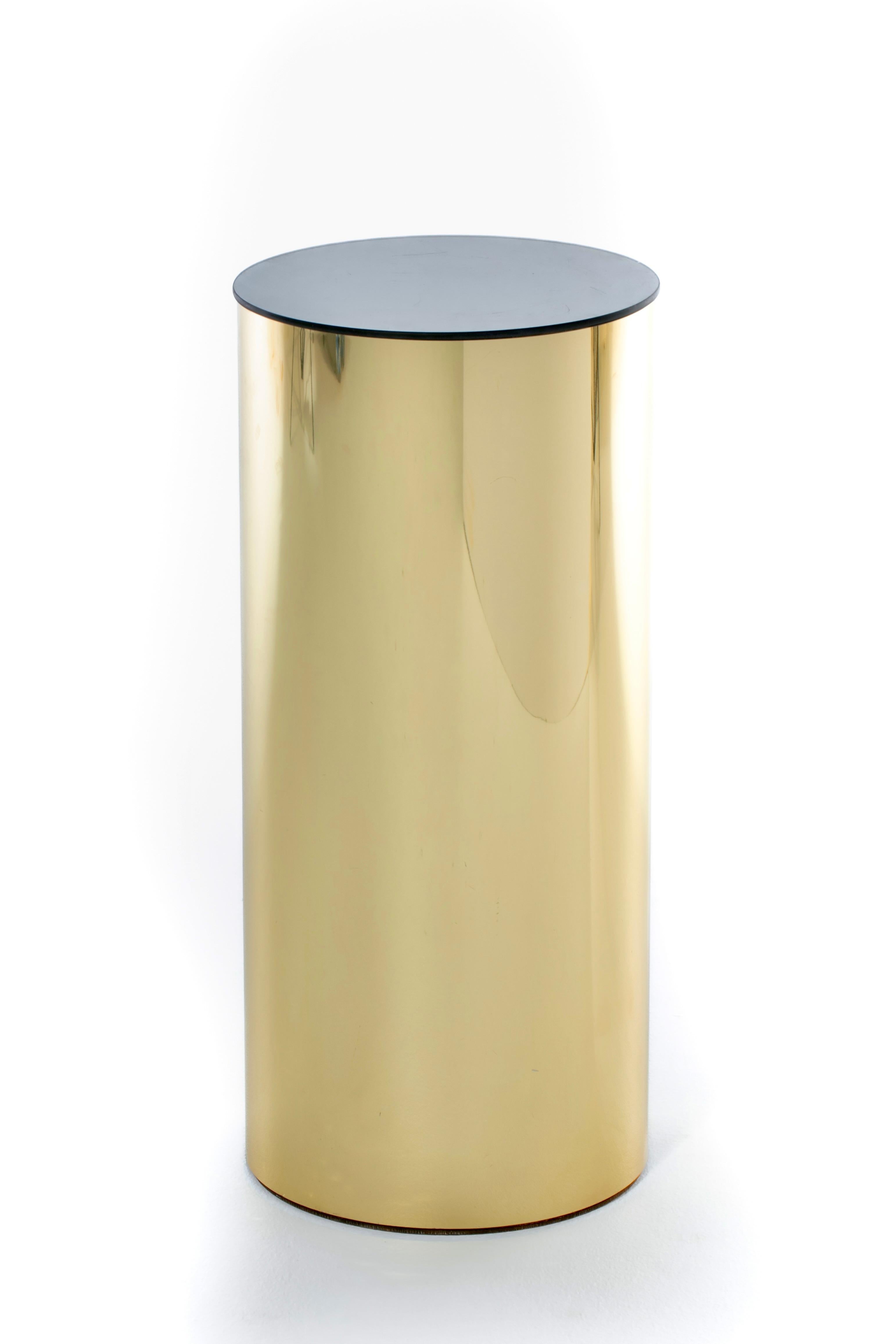 American Post Modern Curtis Jere Circular Pedestal of Brass and Smoked Glass, c. 1984 For Sale