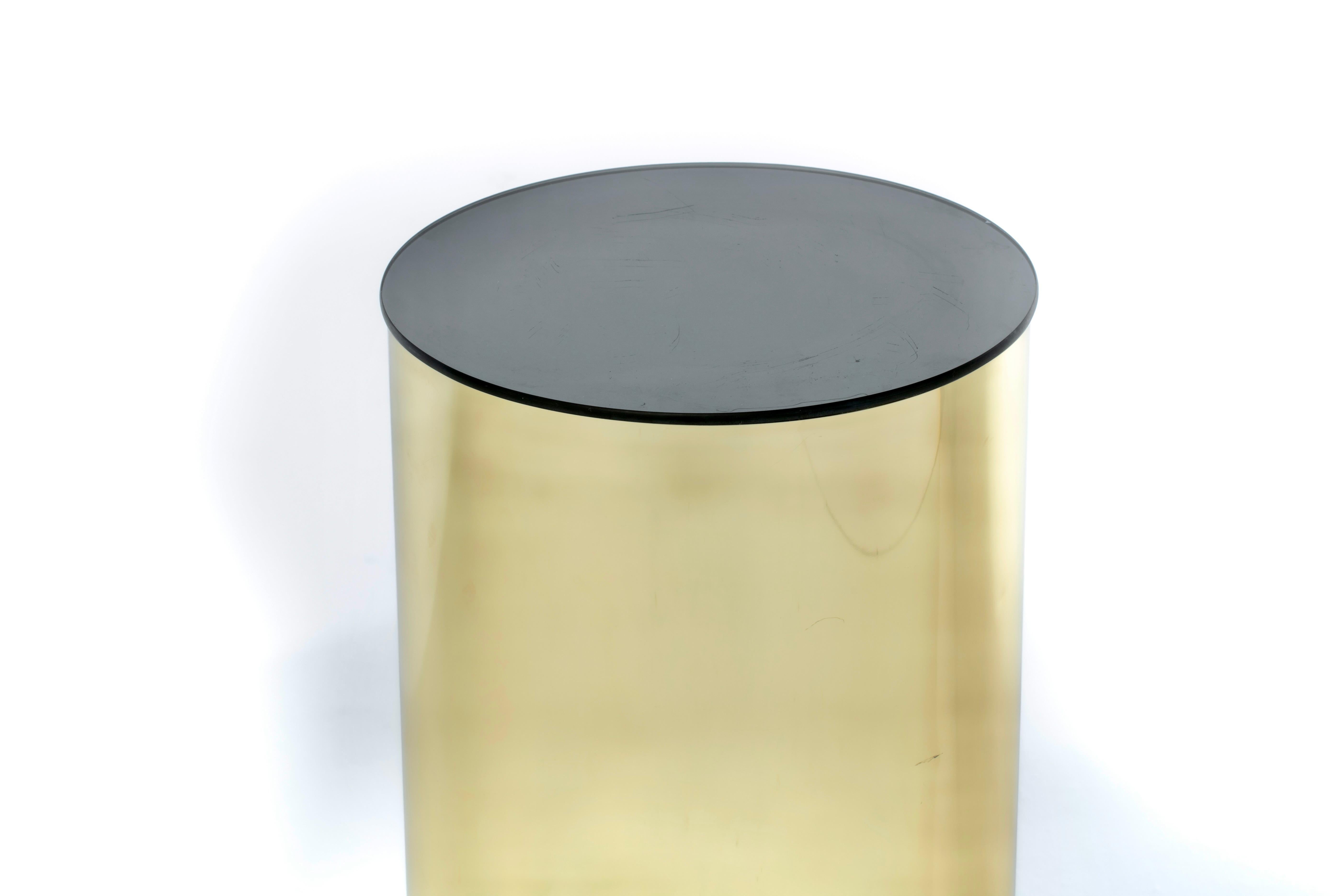 Late 20th Century Post Modern Curtis Jere Circular Pedestal of Brass and Smoked Glass, c. 1984 For Sale