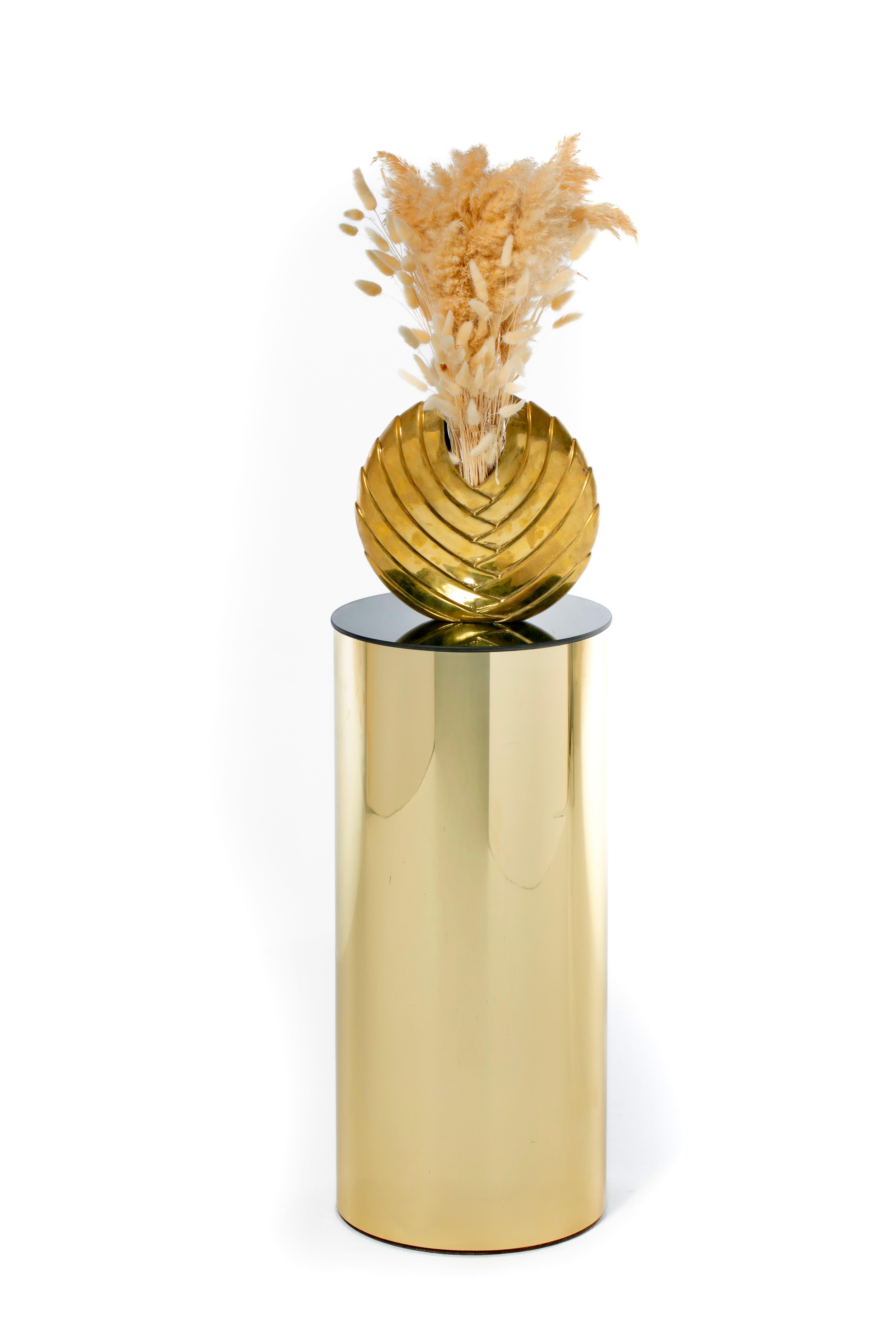 Post Modern Curtis Jere Circular Pedestal of Brass and Smoked Glass, c. 1984 For Sale 1