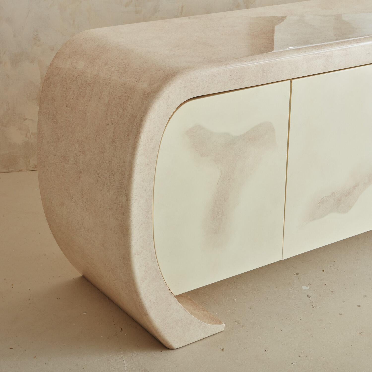 Late 20th Century Post Modern Curved Credenza in Ivory Faux Parchment Finish, 1980s