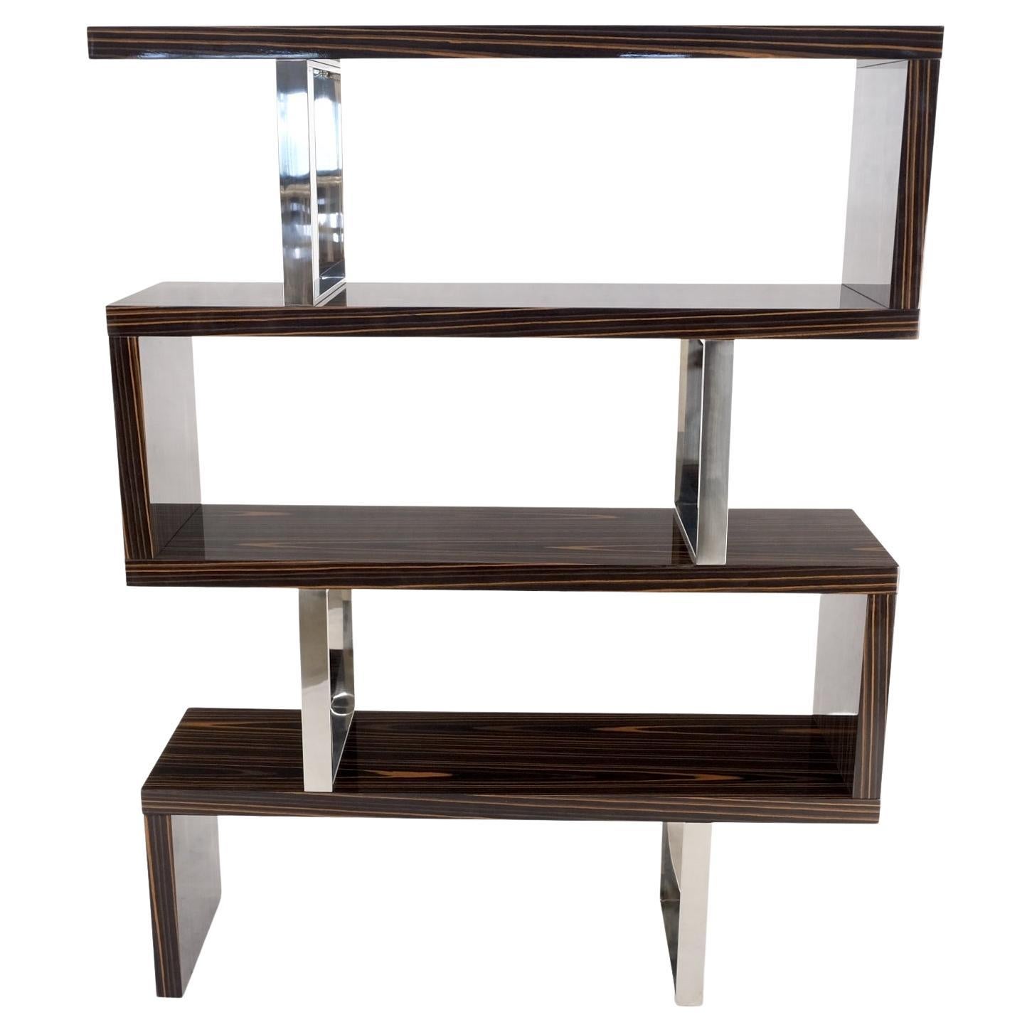 Post Modern Custom Design Zebra Wood & Chrome Etagere bookcase shelf wall unit.