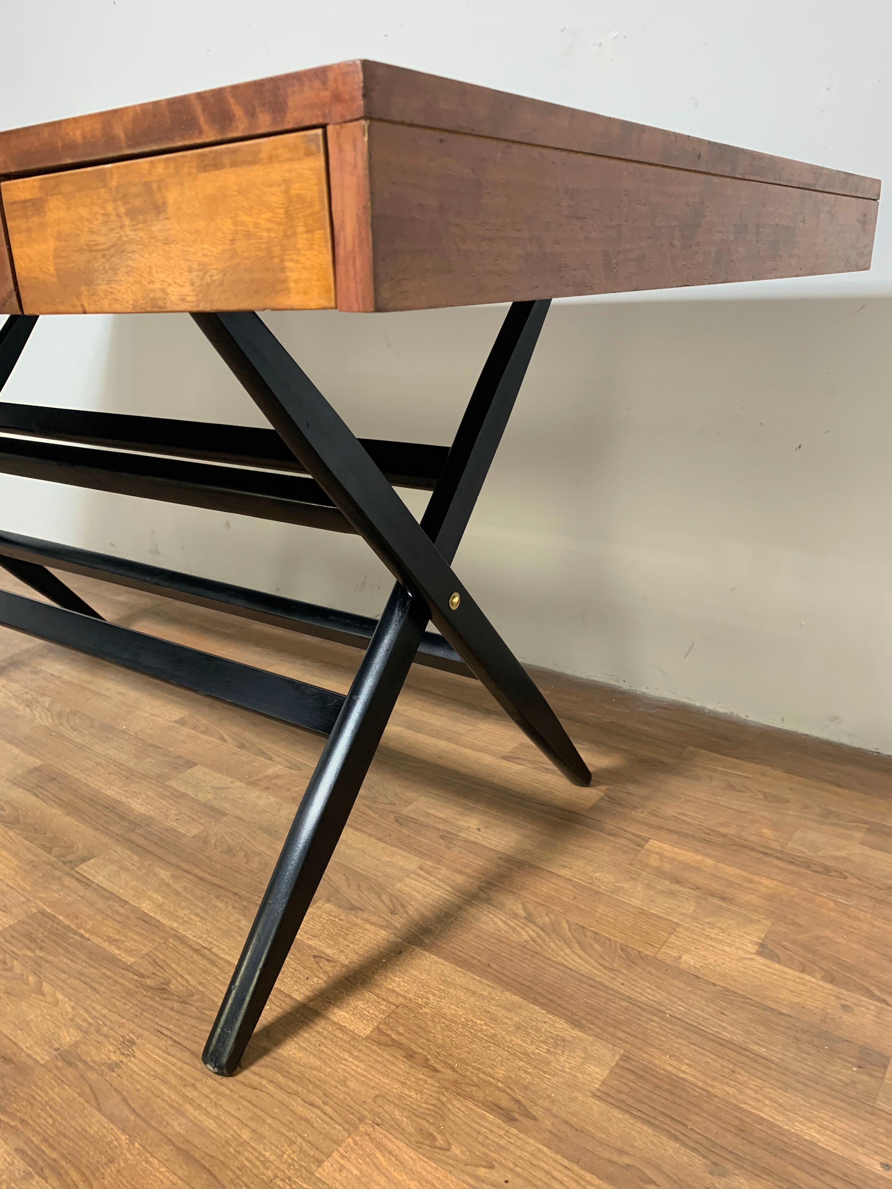 Post Modern Custom Made Campaign Style Partners Desk with X Form Legs In Good Condition In Peabody, MA