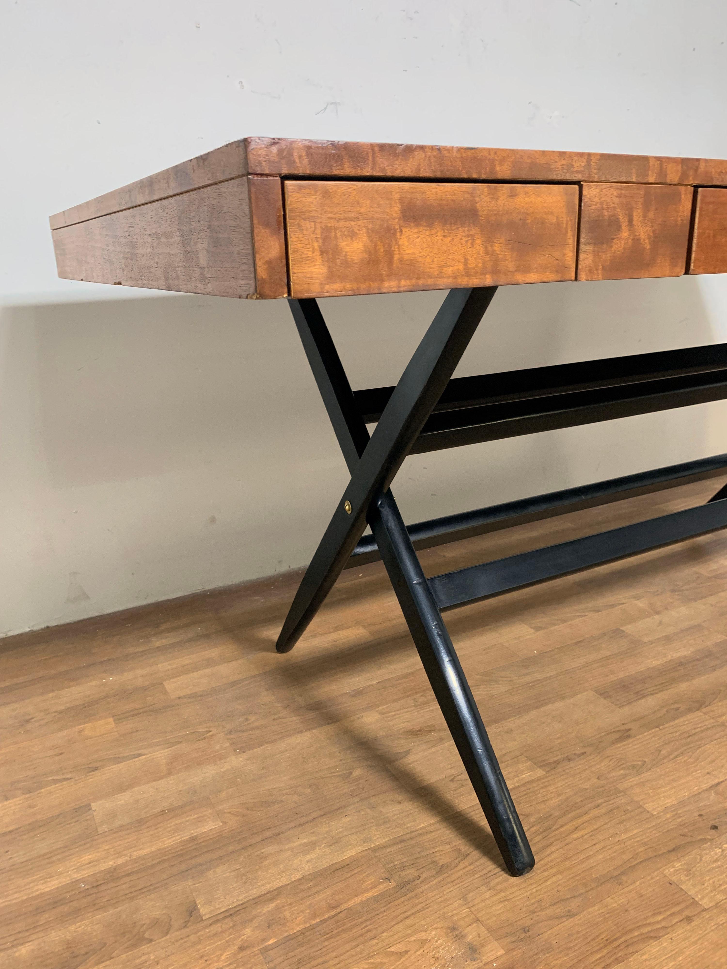 Wood Post Modern Custom Made Campaign Style Partners Desk with X Form Legs