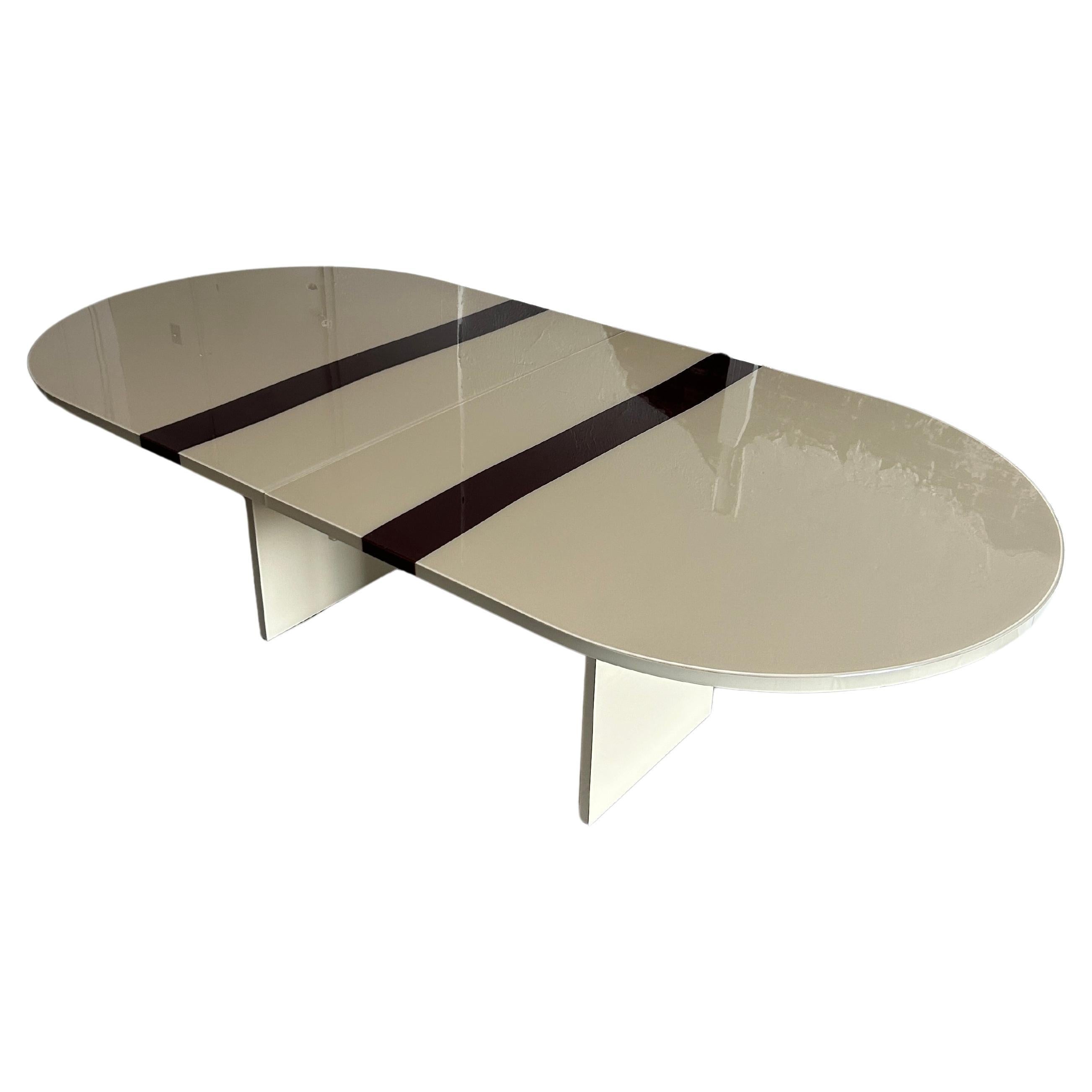 Post modern custom tan with maroon stripe dining table by Pace For Sale