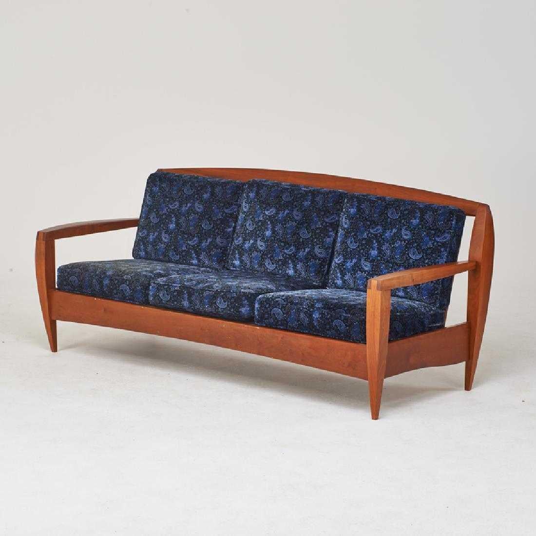 Post-Modern Postmodern Custom Three-Seat Blue Paisley Velvet Cherrywood Studio Sofa, 1990s