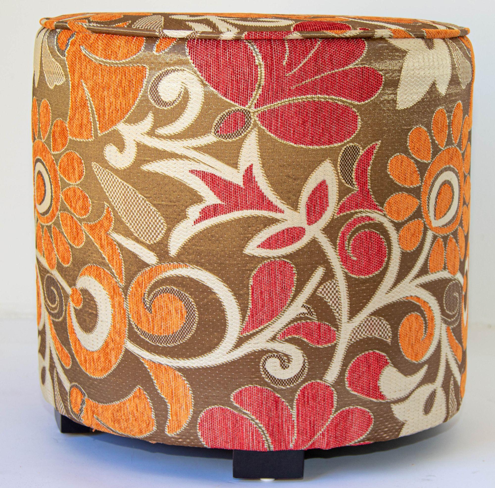 Modern Moroccan Art Deco Style pouf in bronze, red, white and red psychedelic velvet fabric upholstery in 1970s style. 
Modern contemporary round Moroccan Art Deco Style upholstered stools in multicolor bold fabric in 1970s style. 
Moroccan little