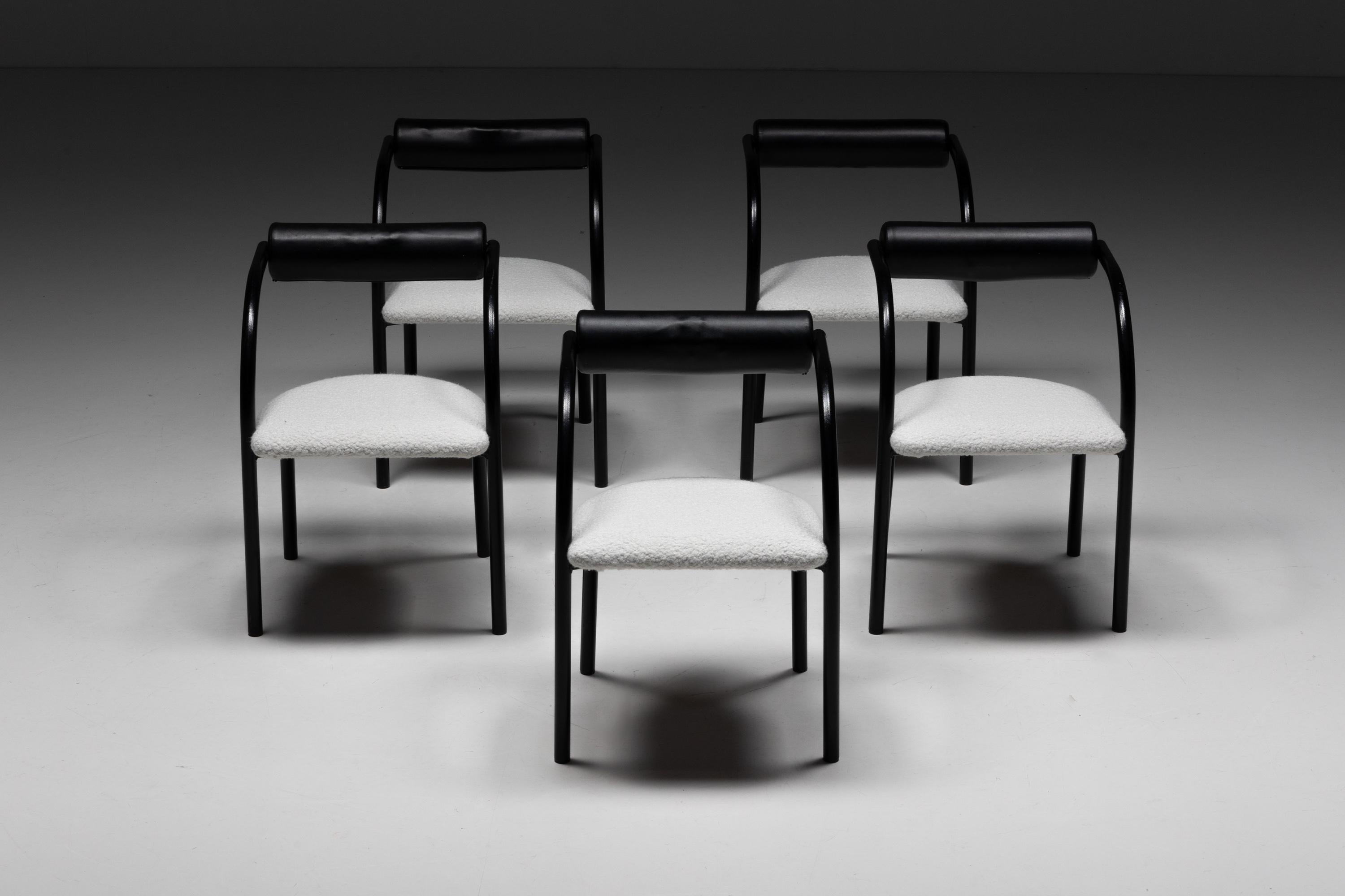 Postmoderne; Dänemark; 1980er Jahre; Esszimmerstühle; Sessel; Mid-Century Modern; Modernistisches Design; Italienisches Design; Dänisches Design;

Postmoderne Esszimmerstühle, eine perfekte Mischung aus Eleganz und zeitgenössischem Stil. Diese