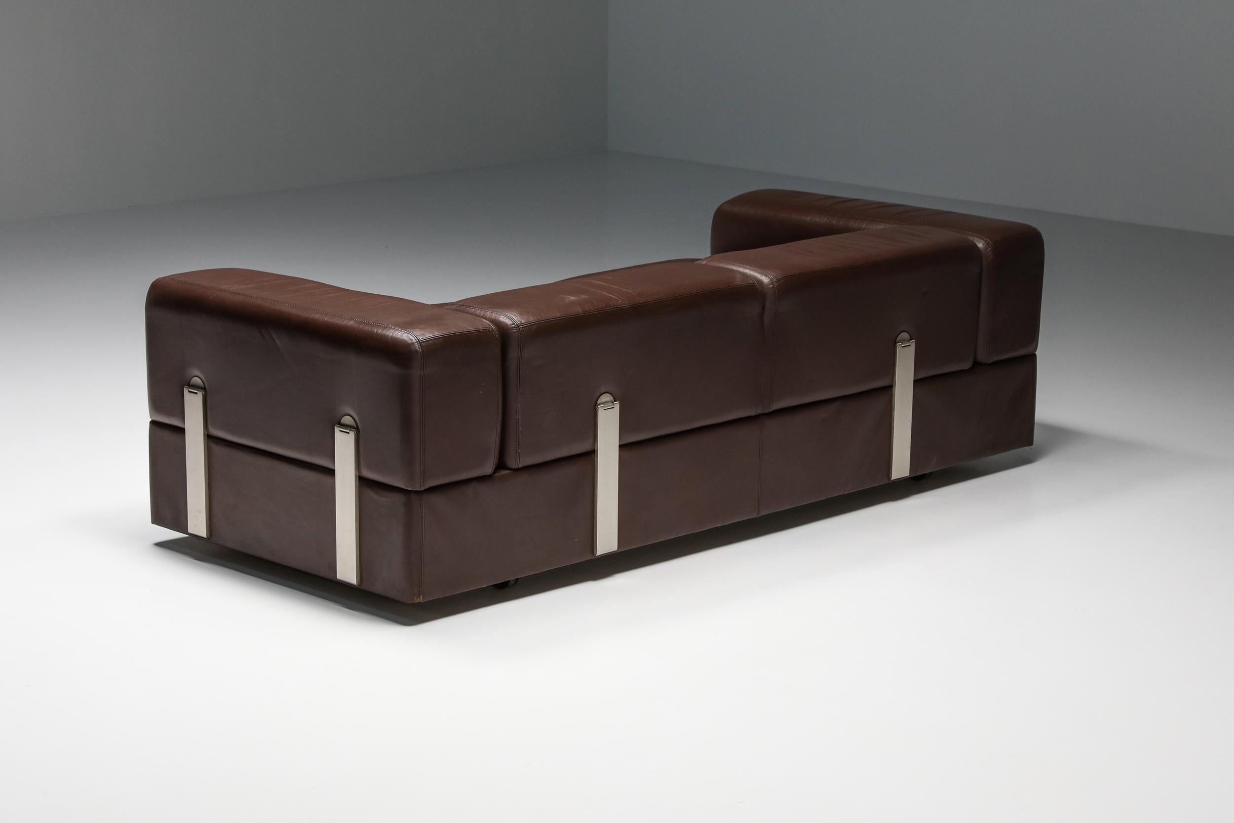 Stainless Steel Post-Modern Daybed Sofa 711 by Tito Agnoli for Cinova in Brown Leather, 1960 For Sale