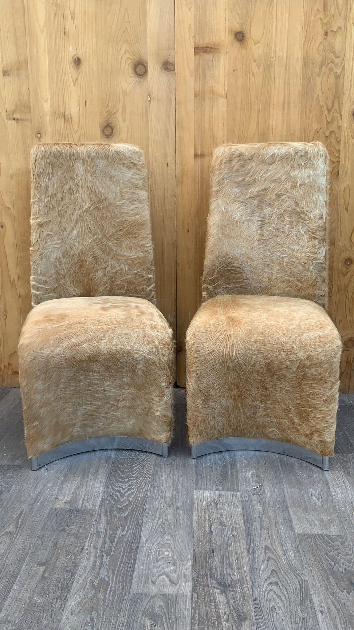 Post Modern DIA Ribbon Side Chairs with Chrome Base Trim Newly Upholstered in Brazilian Palomino Cream Cowhide - Pair 

Circa 1970

Dimentions:

W 19.5”
D 22”
H 42”

Seat H 20”
Seat D 18”
