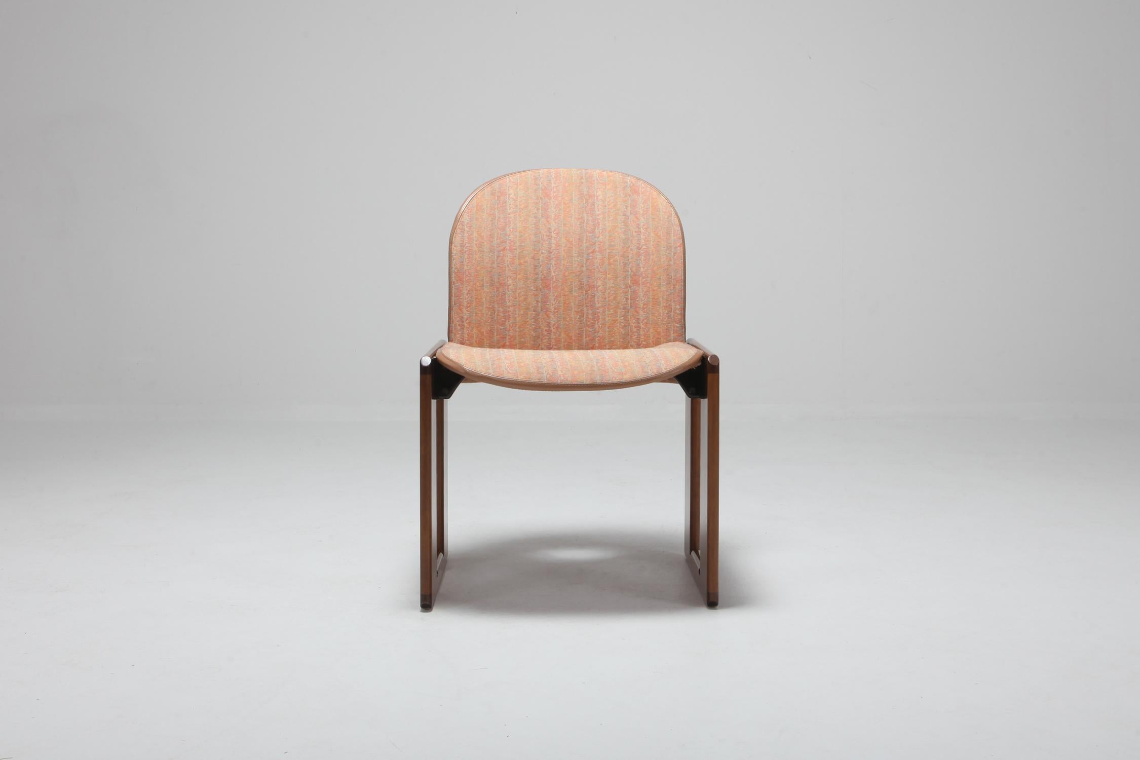 Afra & Tobia Scarpa chair for B&B Italia model Dialogo, walnut, wool and leather.

Postmodern Afra and Tobia Scarpa chairs or Cassina, model Dialogo, wood and walnut, Italy, 1965.
Original upholstery in a Postmodern coral patterned wool with