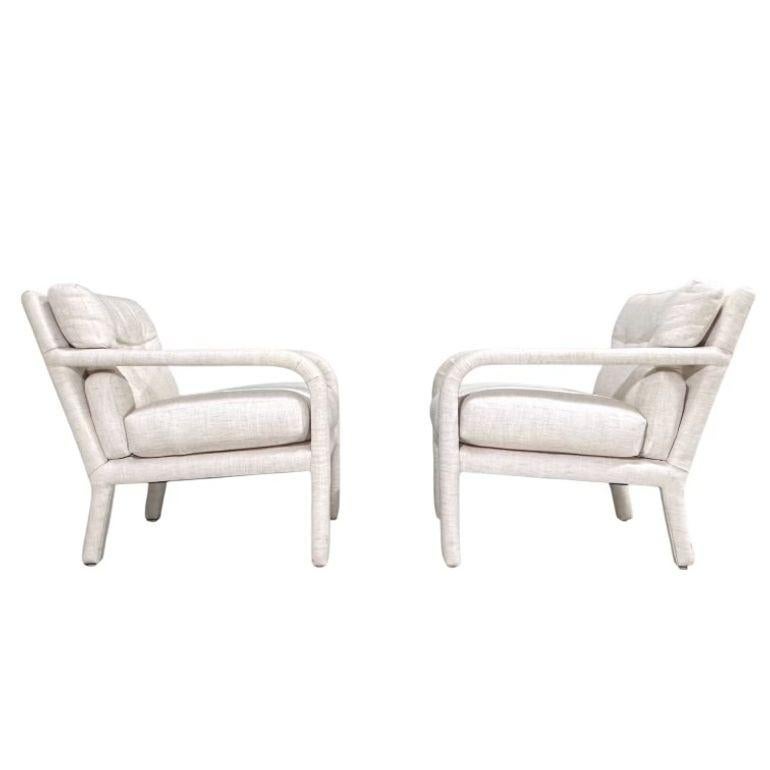 Post Modern Directional Open Arm Lounge Chairs, 1980’s. Original upholstery in great condition.
Measure 29” tall 32” wide 27” deep seat height 18.5” seat seat depth 20.5”