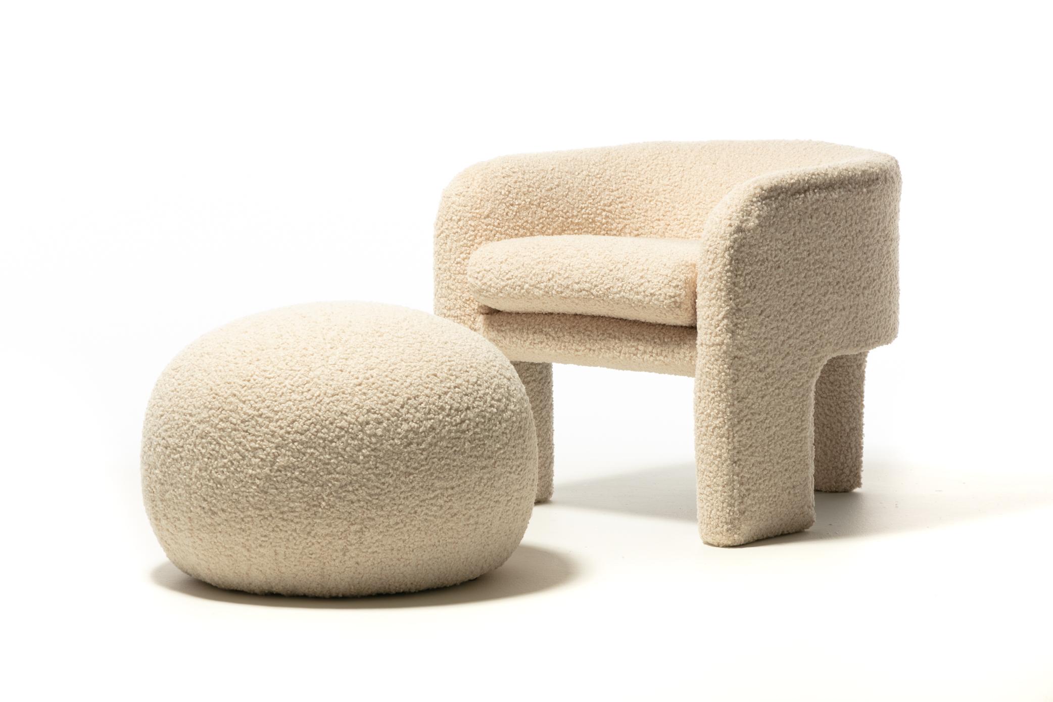 Timelessly sexy and oh so versatile pouf ottoman by Directional professionally reupholstered in soft ivory white boucle with a high durability rating (over 50k double rubs). Plush and comfortable, the poufs can be easily incorporated as ottomans