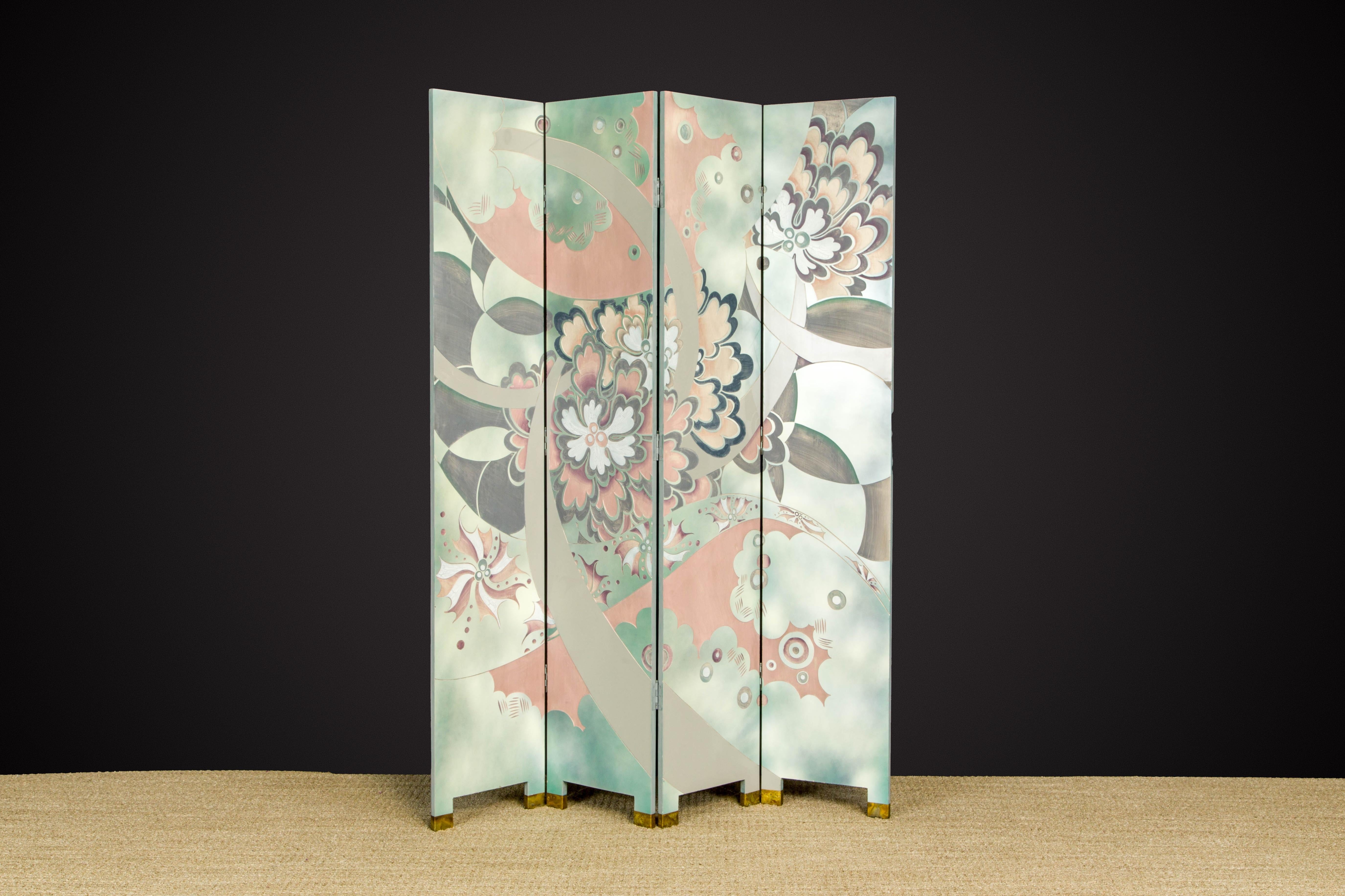 This stylish circa 1980s Post-Modern double sided screen attributed to Maitland Smith features beautiful colors of pinks, blues and grays amongst patterns of floral, clouds and other shaped on one side, and on the other side green purple and white