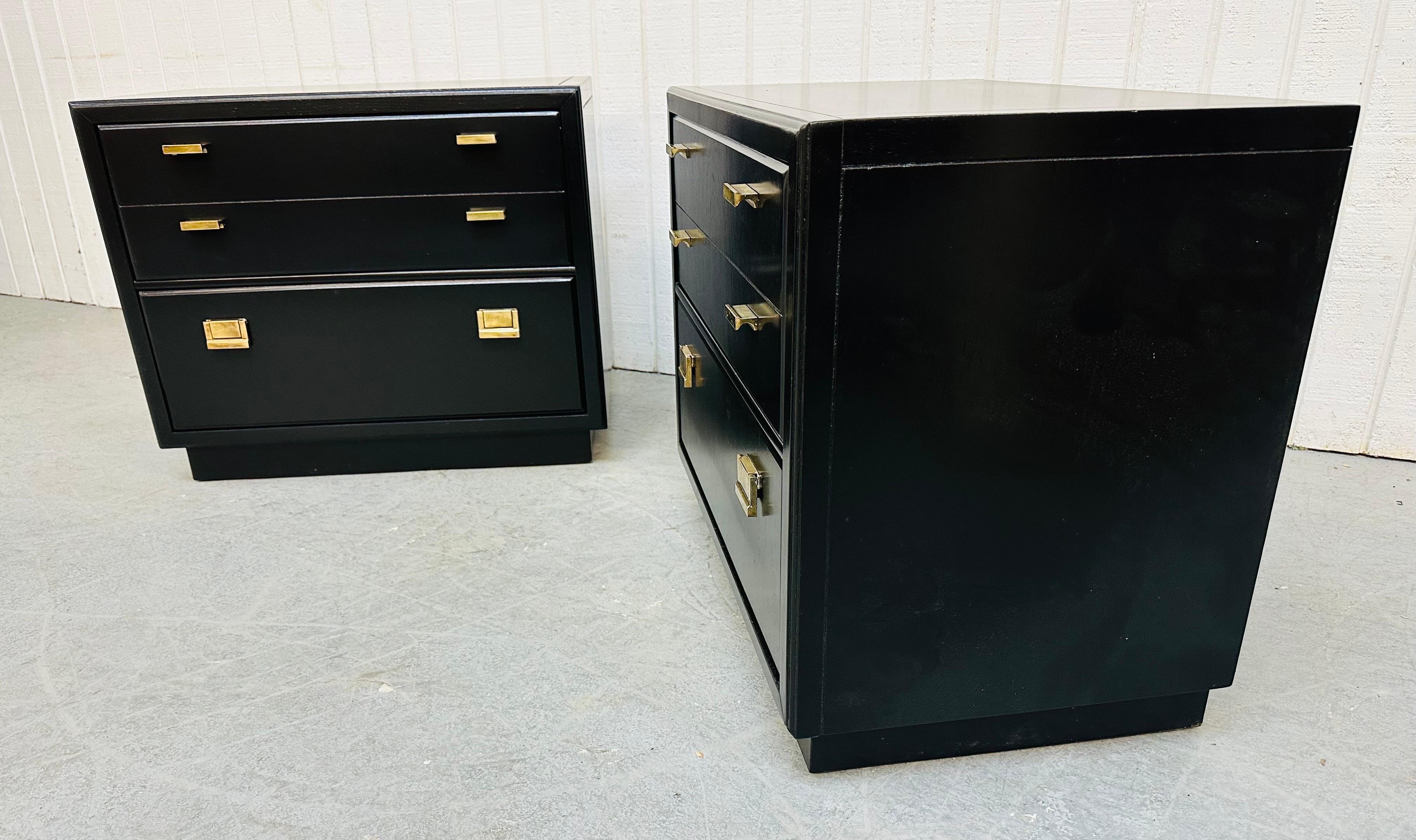 This listing is for a pair of Post-Modern Drexel “Consensus” Nightstands. Featuring a cube design, original brass hardware, two drawers for storage, and freshly painted black finish. This is an exceptional combination of quality and design by Drexel.