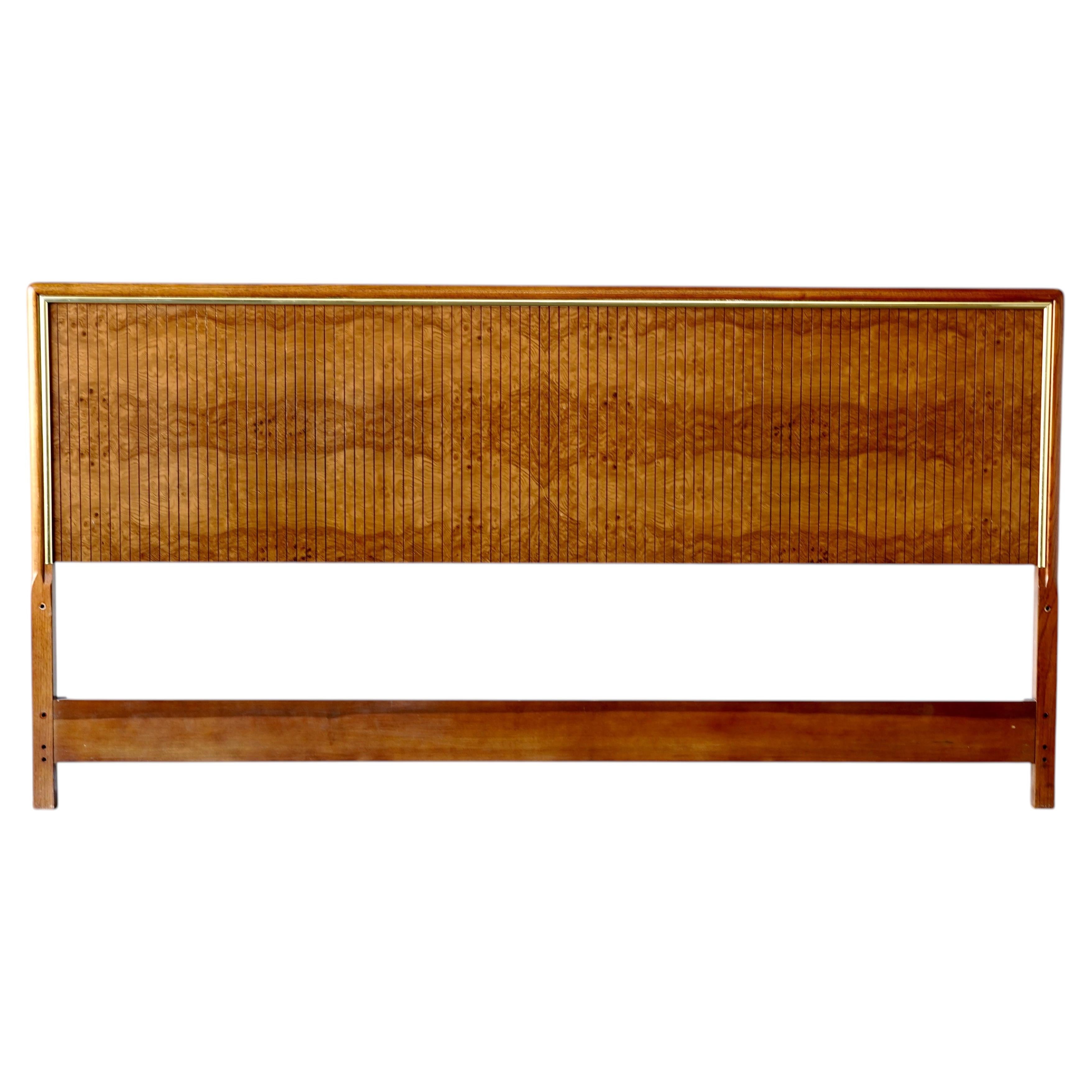 Post modern Drexel King size Headboard in Burl Wood, Solid Oak, and Brass For Sale