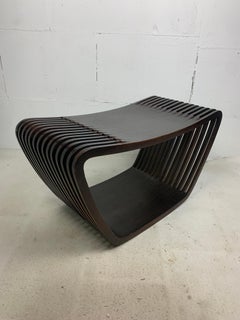 Post modern Dutch slatted wooden wavy curvy bench or coffee table, 1970s