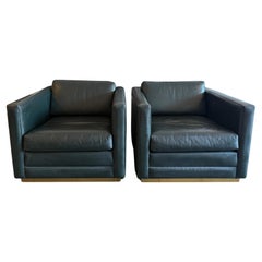 Post Modern Emerald Green Leather Cube Lounge Chairs with brass base
