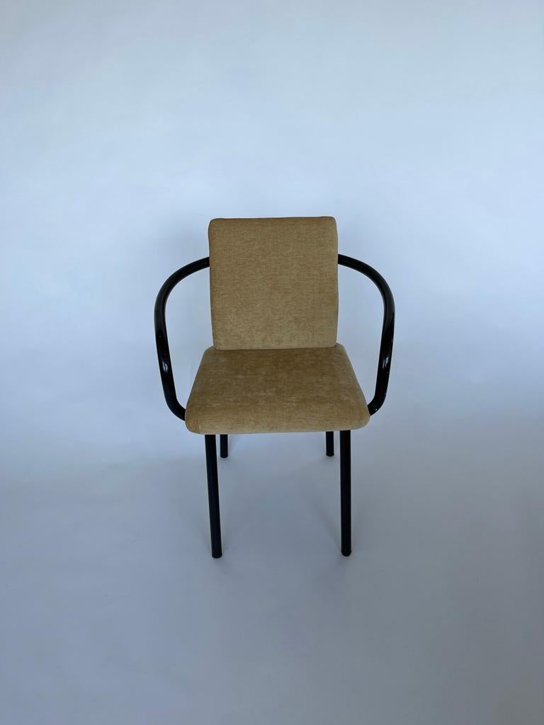 Post Modern Ettore Sottsass for Knoll Mandarin Armchairs reimagined in a high end tan velvet fabric. The chairs were manufactured in the 1970's and feature curvaceous tubular steel arms finished in gloss black and matte-black straight-tube legs.