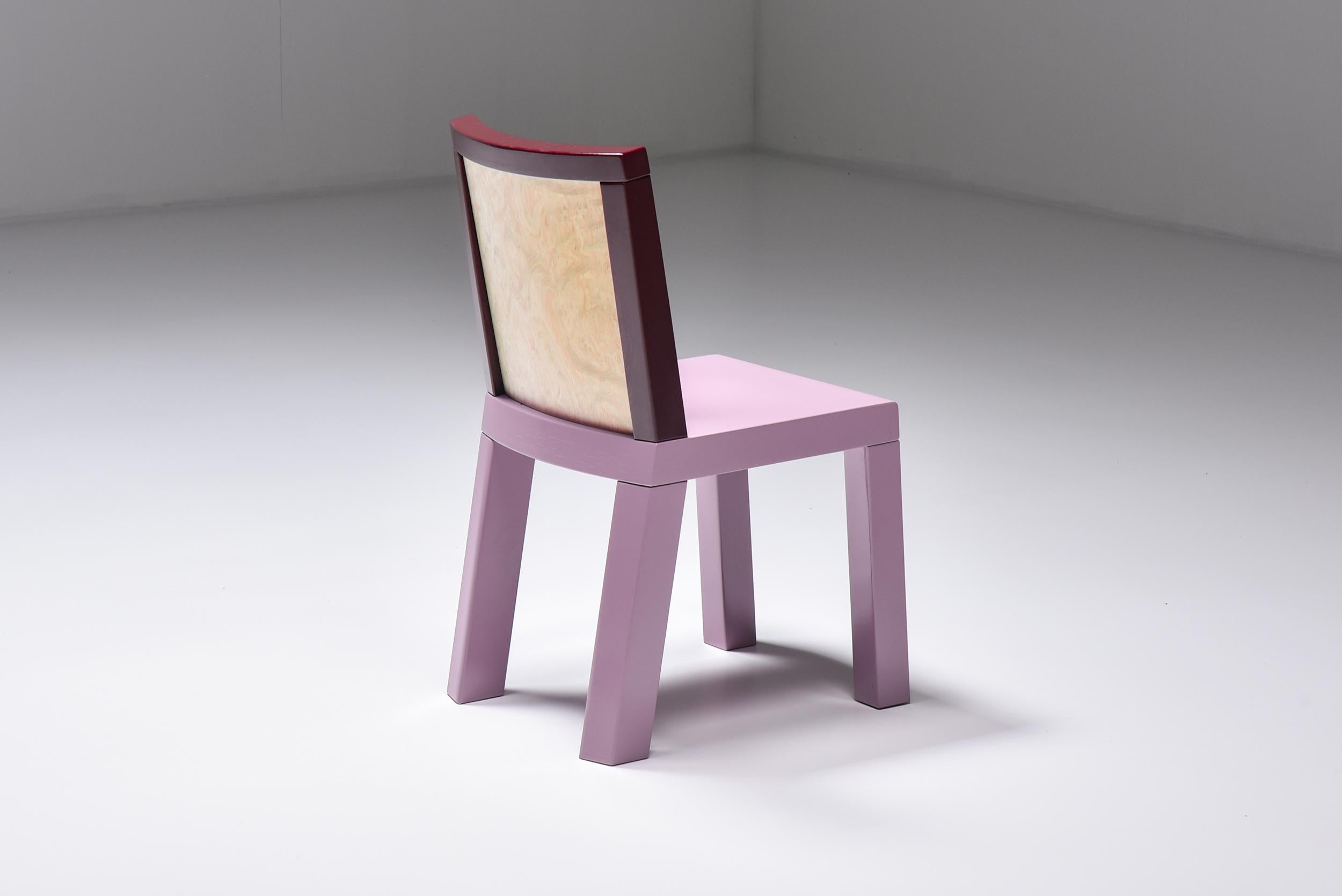 Pink, Sottsass, Leitner, Postmodern, chair, 1980s

dining chair with and expressive burl veneer and pink and burgundy lacquer.
Ettore Sottsass (14 September 1917 – 31 December 2007) was an Italian architect and designer during the 20th century.