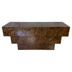 Post-Modern Faux-Burl Wood Laminate Three-Tier Stepped Console Table, 1970s