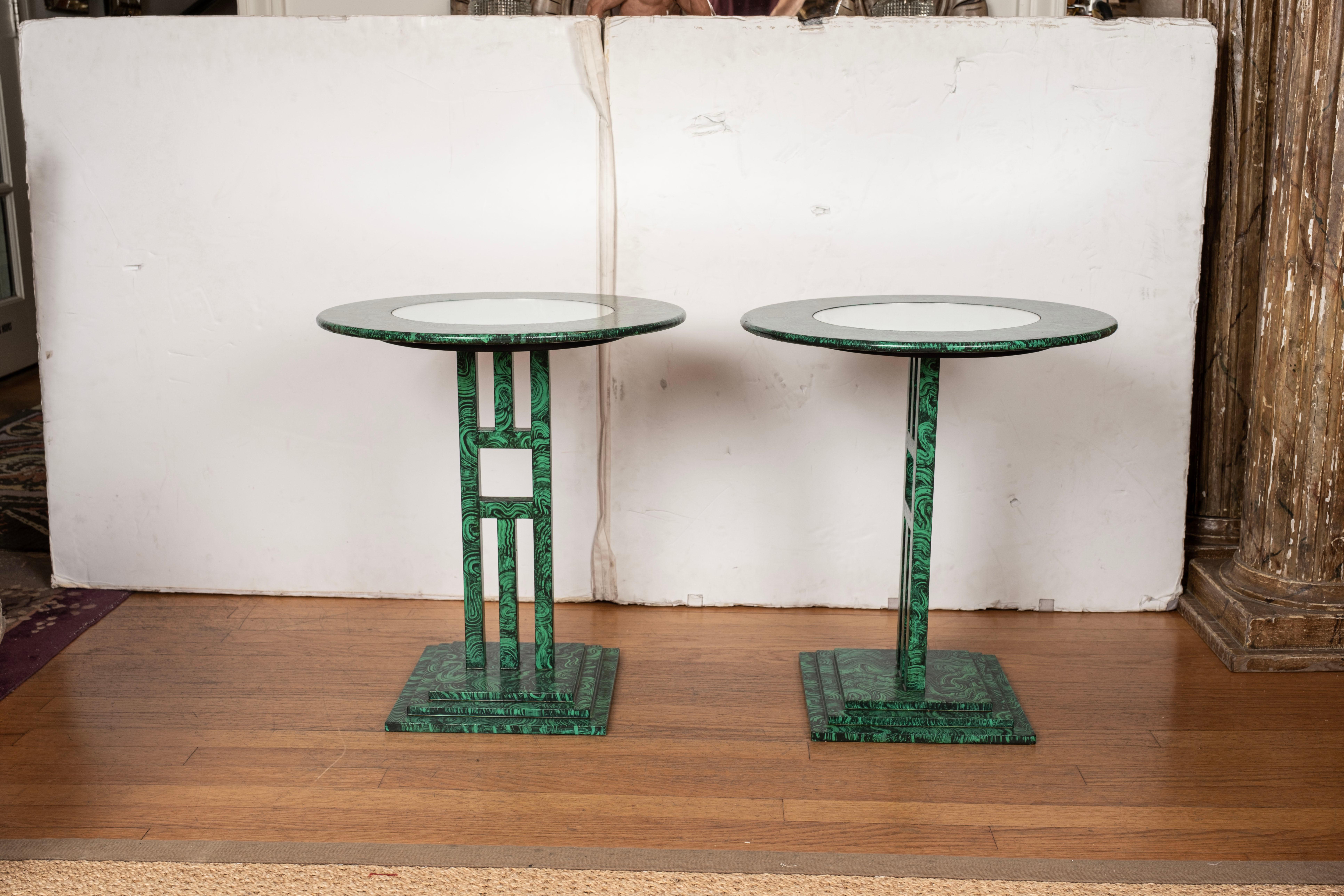 Post-Modern Vintage Pair Of Post Modern Faux Malachite Tables  For Sale