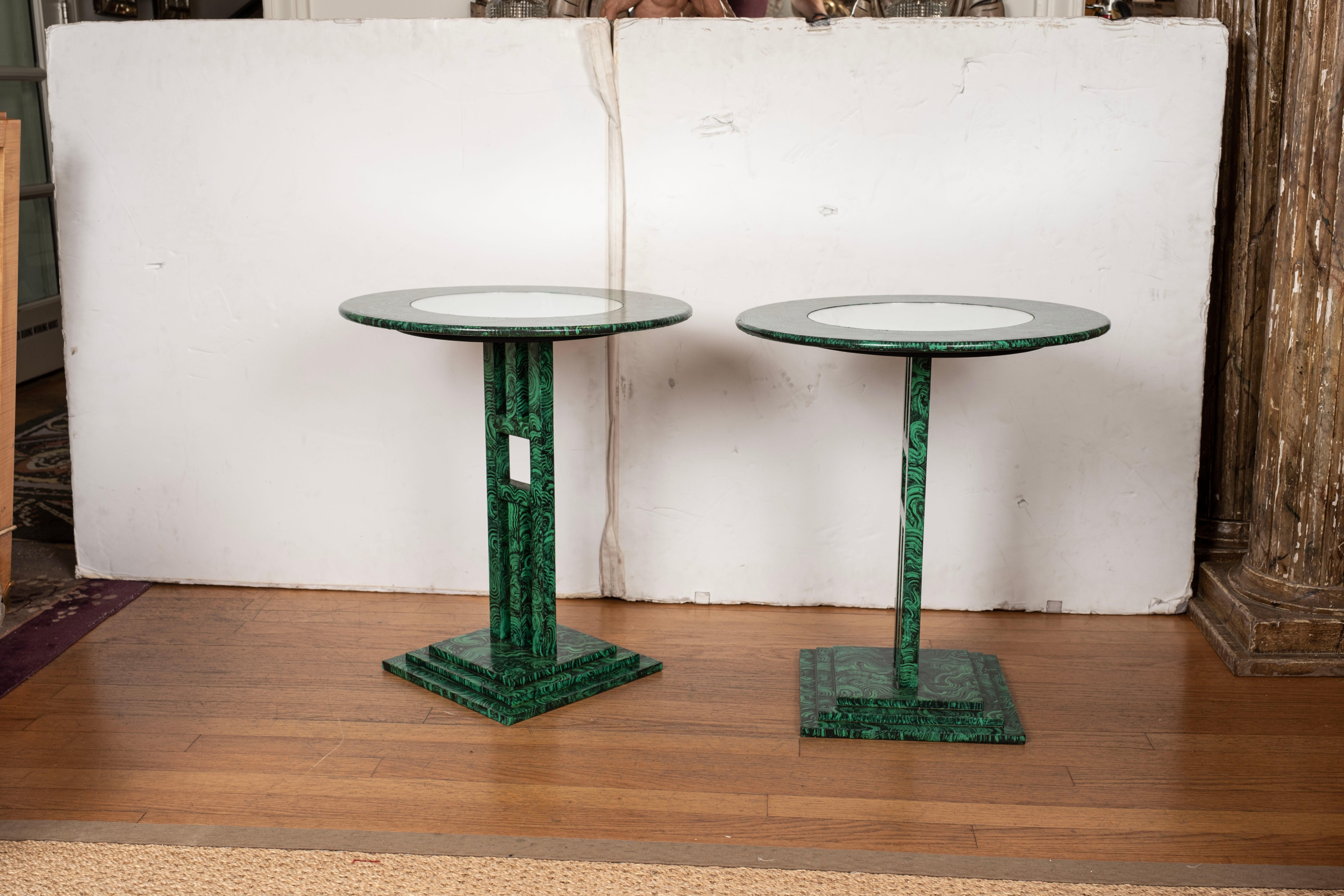 American Vintage Pair Of Post Modern Faux Malachite Tables  For Sale