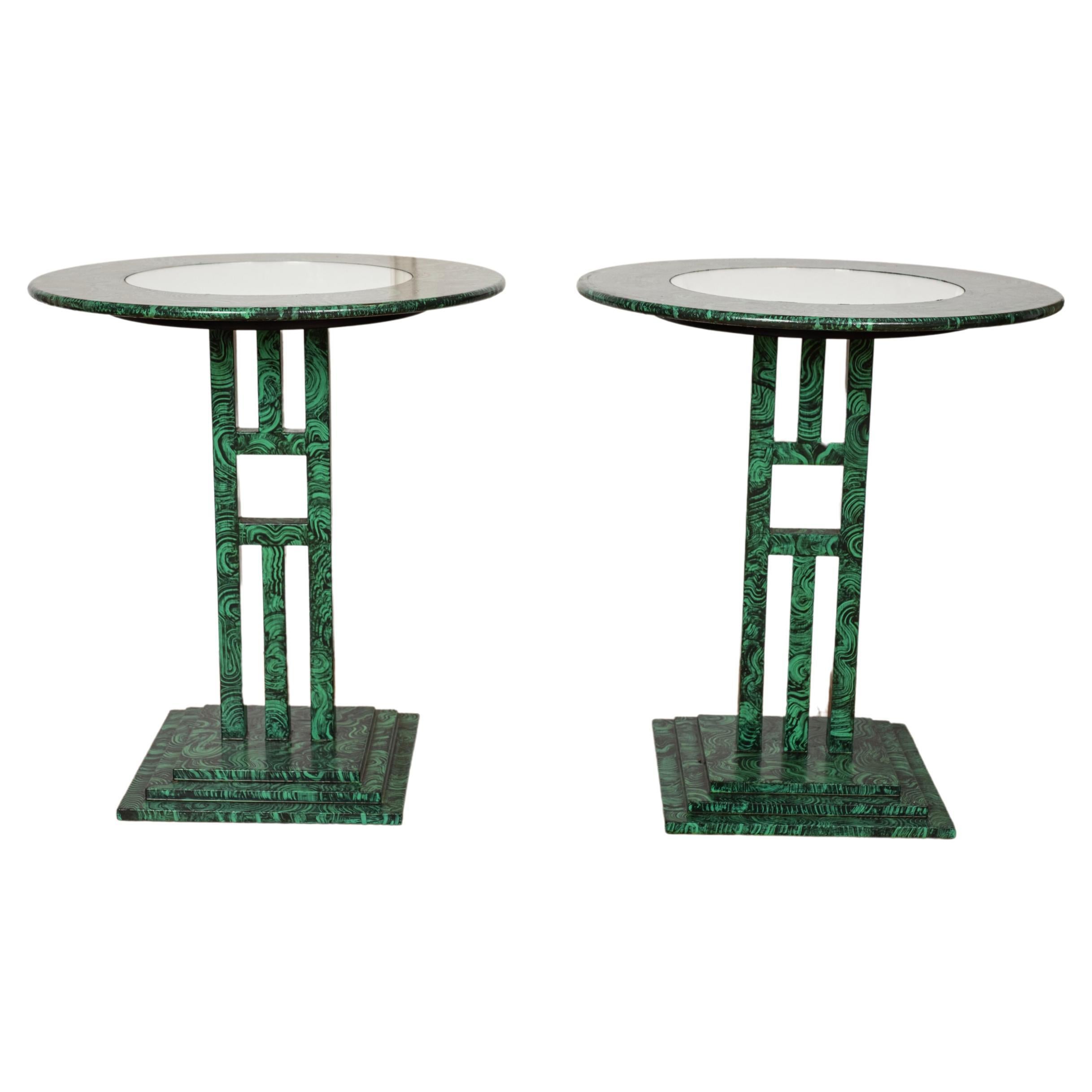 Vintage Pair Of Post Modern Faux Malachite Tables  For Sale