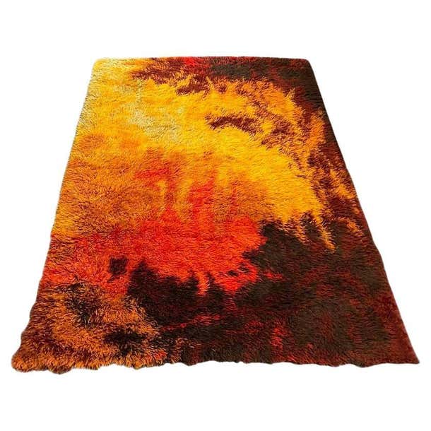 Postmodern Rug Design Post Modern Fire Hand-Hooked Scandinavian Shag Rug w/ Abstract Design ...