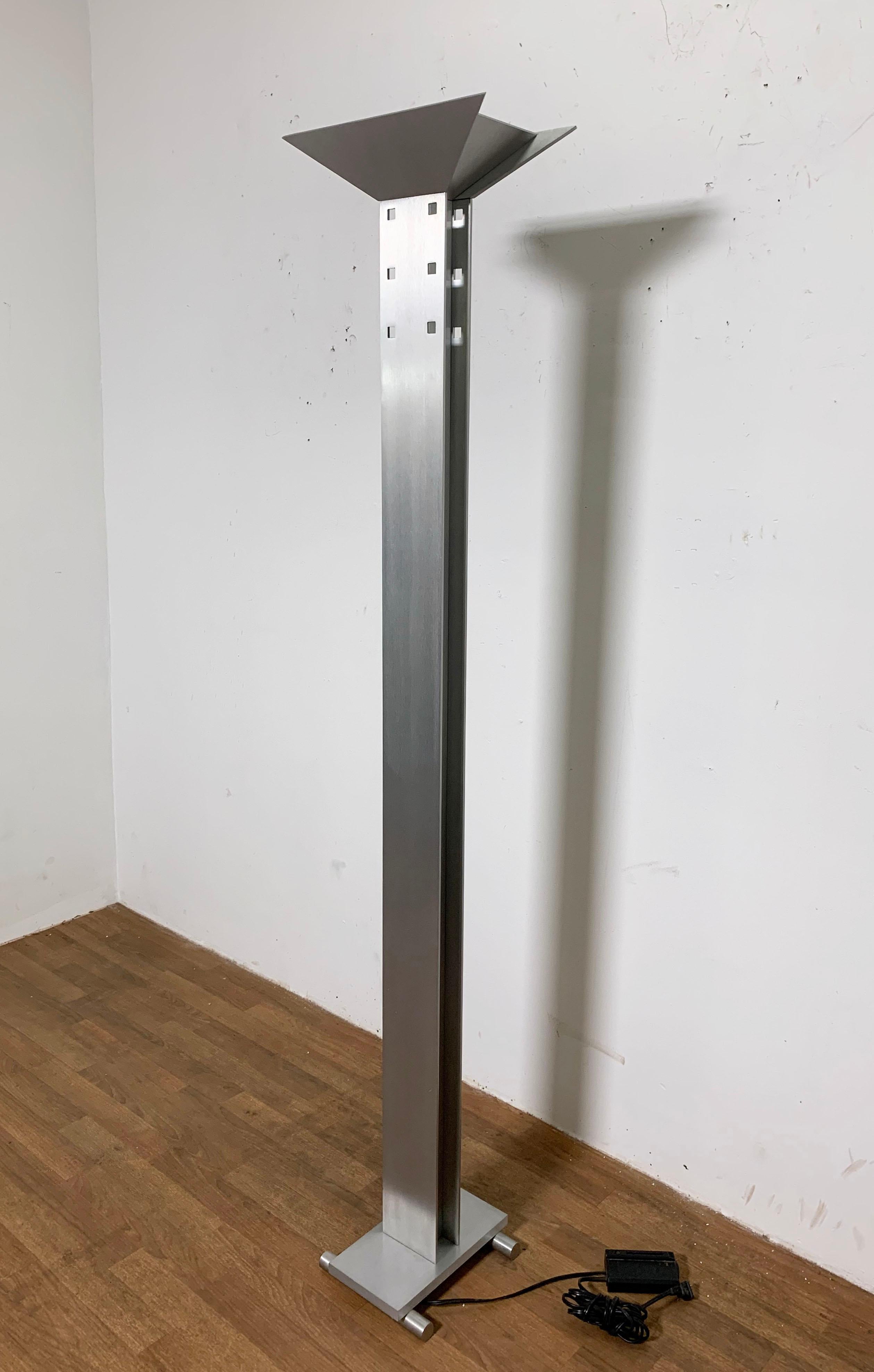 A postmodern floor lamp in aircraft aluminum of unknown manufacture, circa 1980s